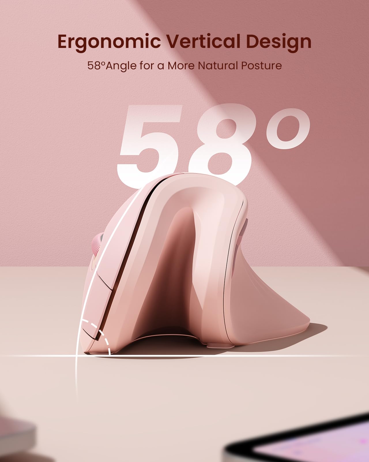 Seenda Ergonomic Wireless Vertical Mouse with Jiggler - Multi-Device Bluetooth/USB Connectivity for PC, Laptop, Mac & Windows - Quiet Click, Wrist Pain Relief (Light Pink) | Perfect for Office Work, Gaming & Long Computer Sessions