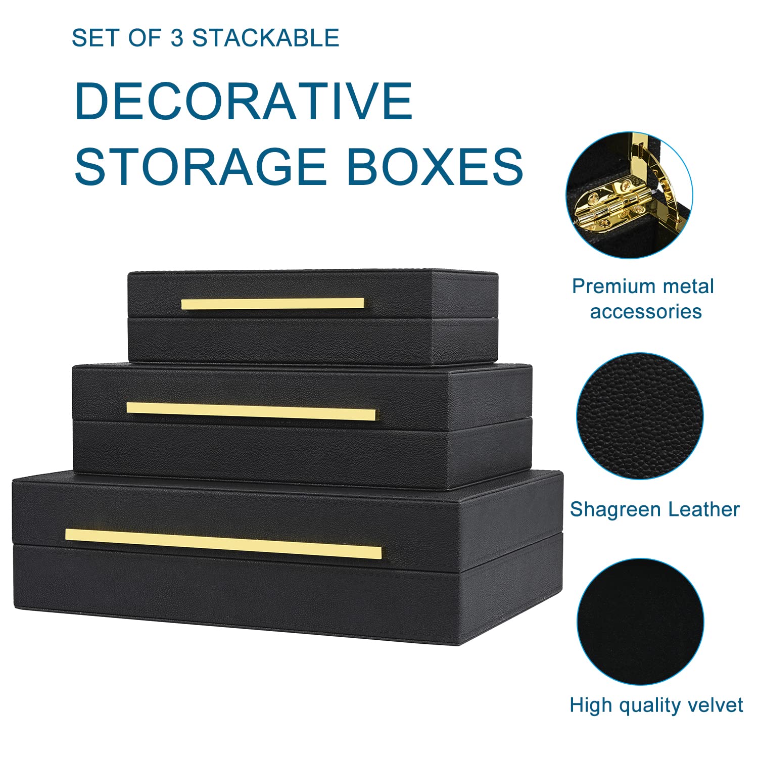 Faux Leather Shagreen Storage Box Set of 3 - Modern Stacking Decorative Boxes with Lids for Jewelry, Home Decor & Coffee Table Organization | Perfect for Bedroom, Living Room & Office Storage