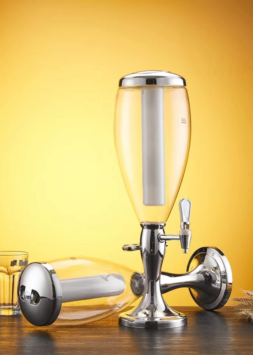 3L Silver Tabletop Wine Beer Tower Dispenser with LED Lights & Removable Ice Tube - 2 Taps Beverage Cooler for Party, Bar, Home | Perfect for Weddings, BBQs & Outdoor Gatherings