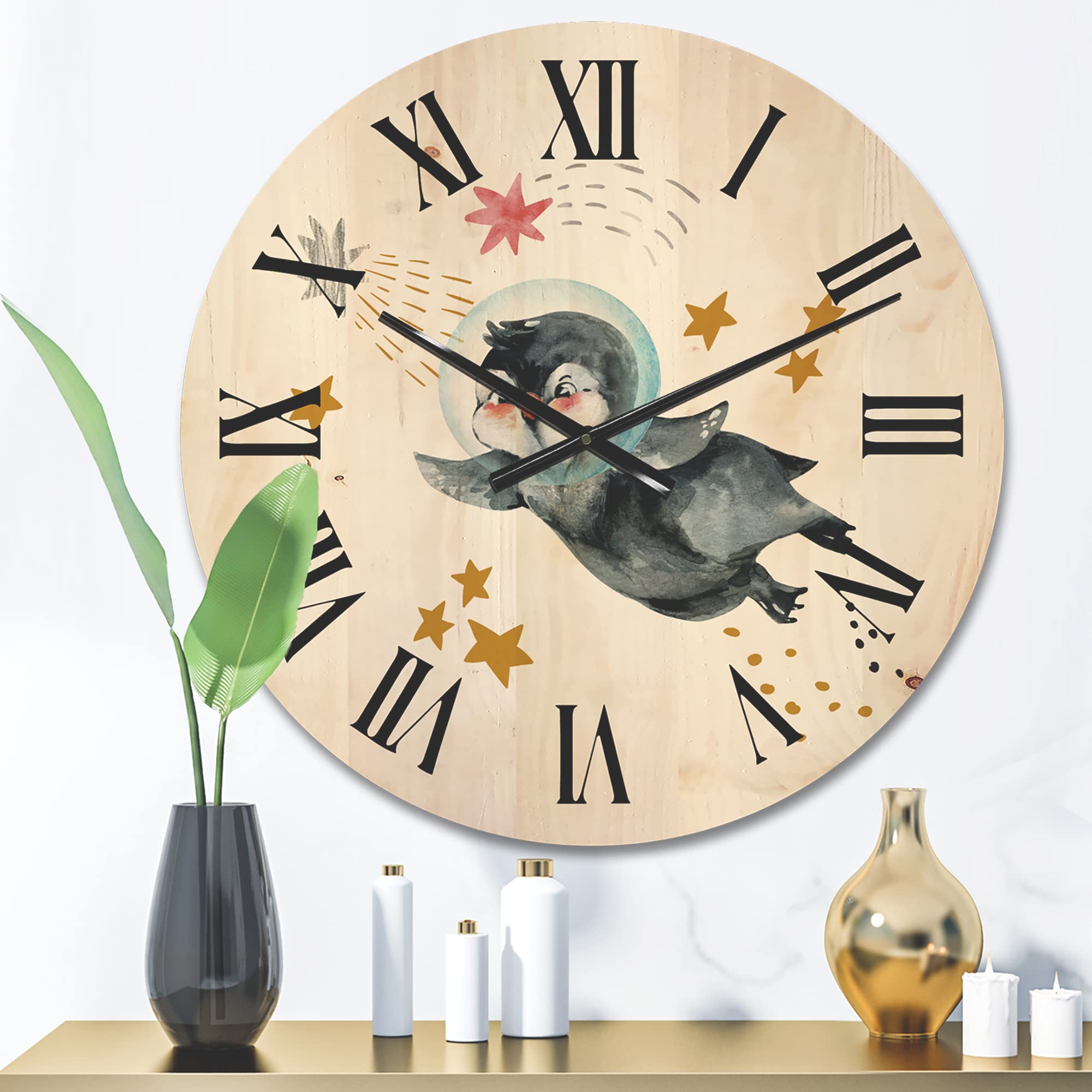 DesignQ 'Little Penguin Flying Planets and Stars' Large Farmhouse Wood Wall Clock - Oversized Decorative Animal Wall Clock for Living Room, Bedroom & Office Décor - Perfect for Home, Office and Gift Giving