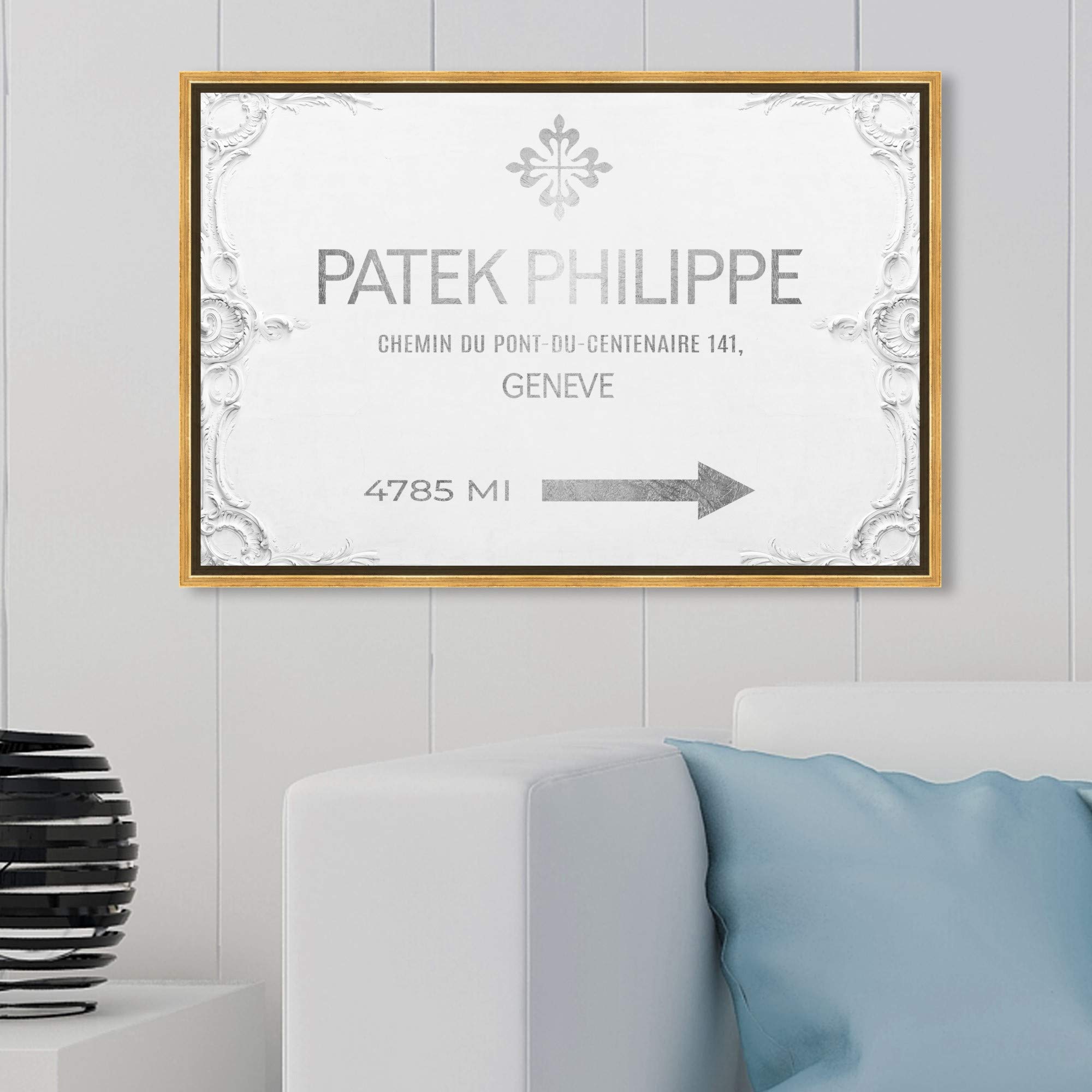 Oliver Gal Artist Co. Fashion & Glam Wall Art Framed Canvas Print - Geneva Watches Road Signs Home Decor, 30x20 Inches, Gray & White - Perfect for Living Room, Bedroom & Office Wall Decor