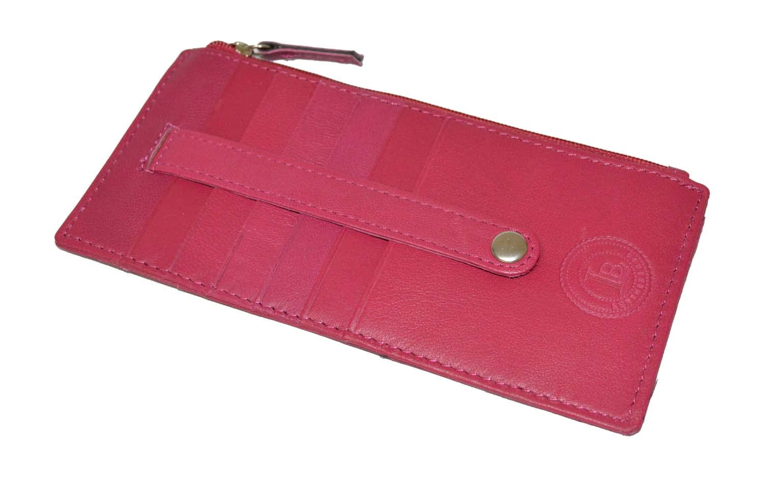 Genuine Leather Women's Slim Wallet - Card Holder with Zipper for Business & Travel (Pink)