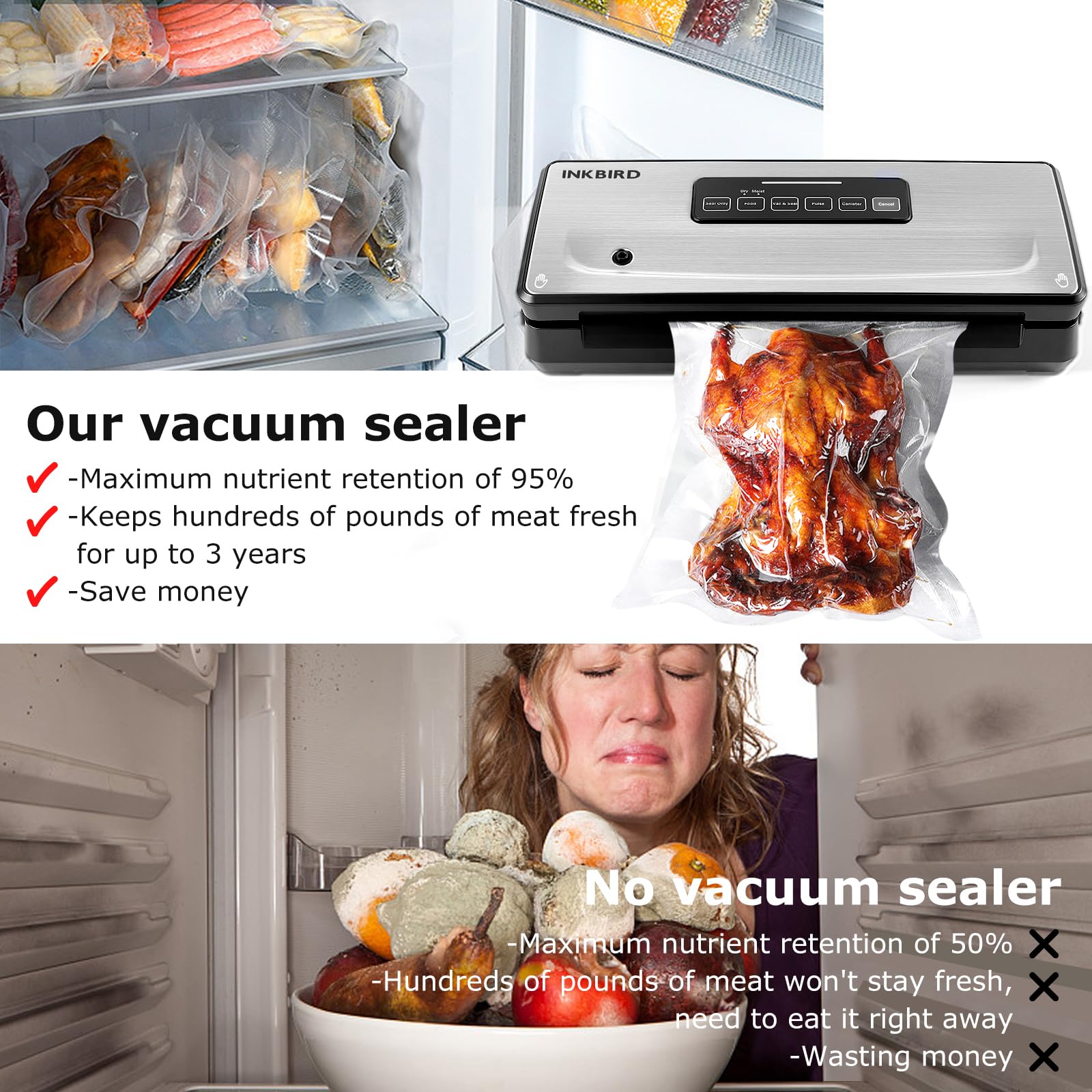 **INKBIRD 10-in-1 Food Vacuum Sealer Machine with 20FT Bag Storage & Cutter – 85KPa Powerful Suction for Moist/Dry/Canister Foods – Includes 5 Starter Bags & 1 Bag Roll – Perfect for Meal Prep, Sous Vide & Long-Term Food Storage**