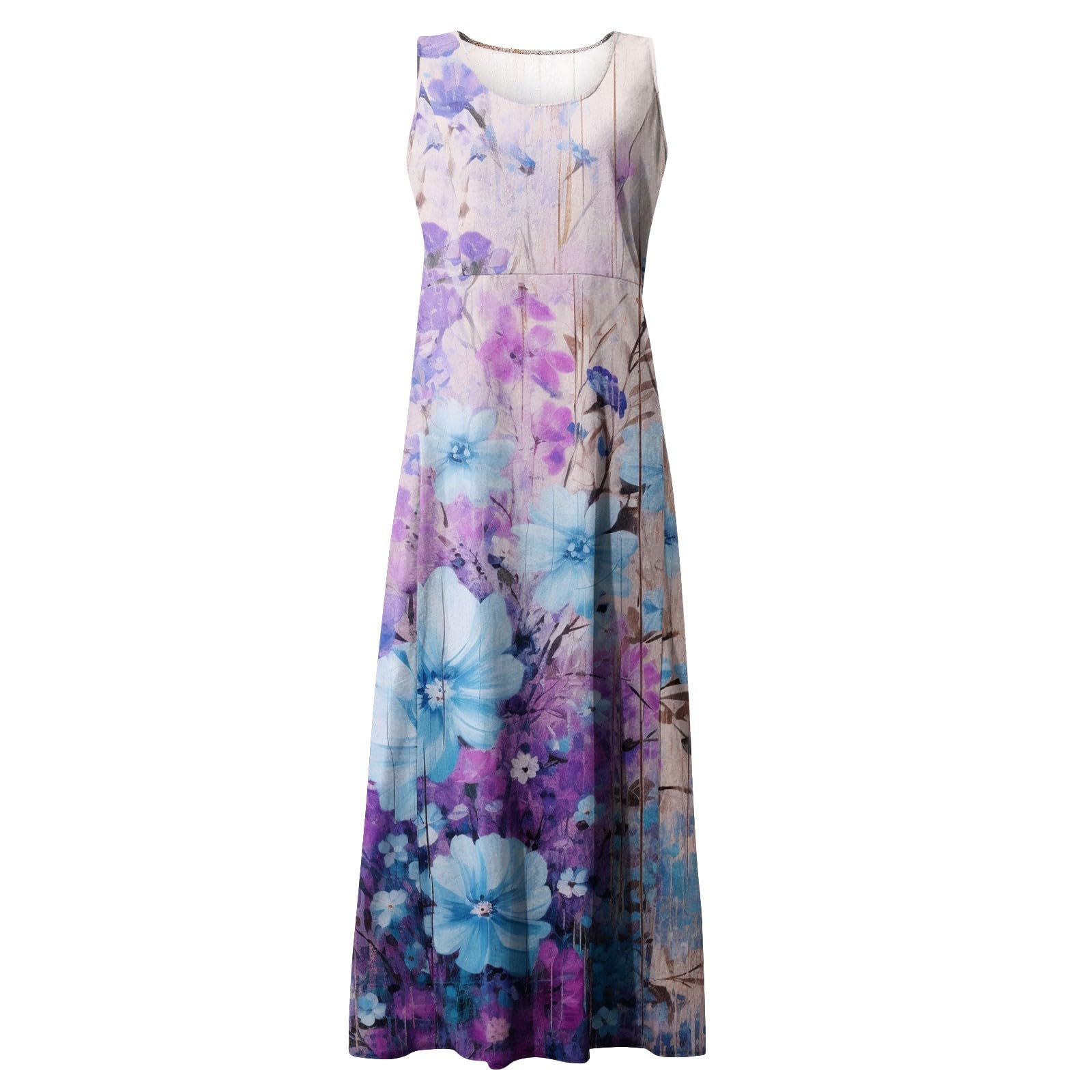 Floral Maxi Dress for Women - Sleeveless Summer Casual Sundress with Floral Print, Pleated Design & Pockets | Perfect for Beach, Vacation, and Outdoor Events