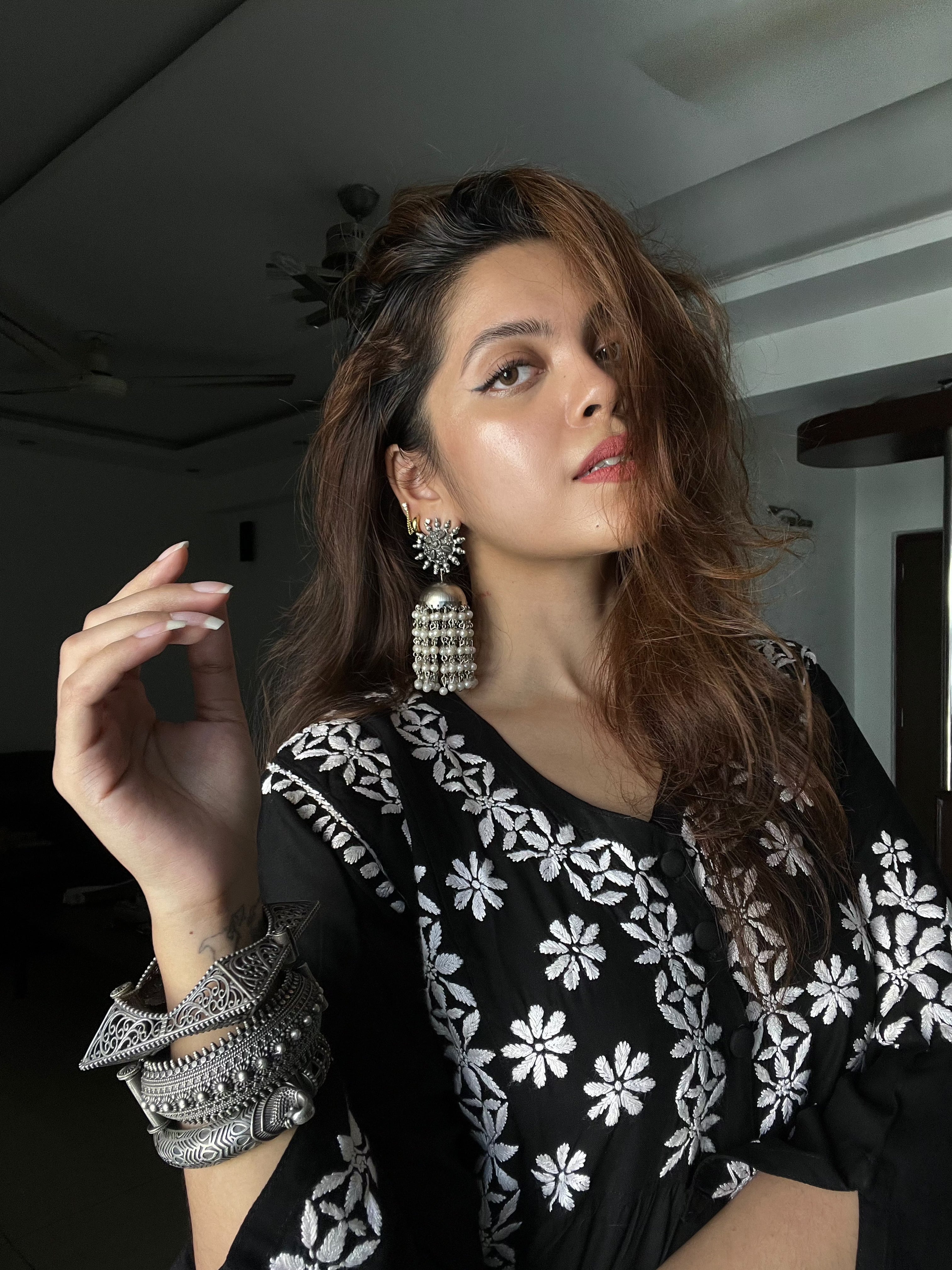 Rijuta Chikankari Kurta - Rayon Cotton V-Neck Black Ethnic Tunic for Women | Perfect for Festivals, Parties & Casual Wear