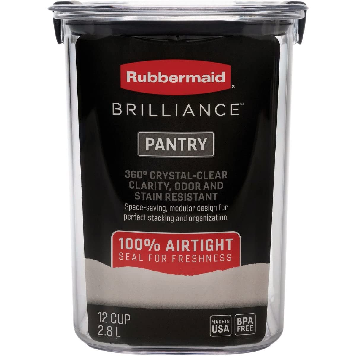 Rubbermaid Brilliance 12-Cup Airtight Food Storage Container with Locking Lid - BPA-Free Plastic Kitchen Organizer for Flour, Sugar, Cereal & Pantry Staples - Clear/Grey - Ideal for Meal Prep & Leftovers Storage