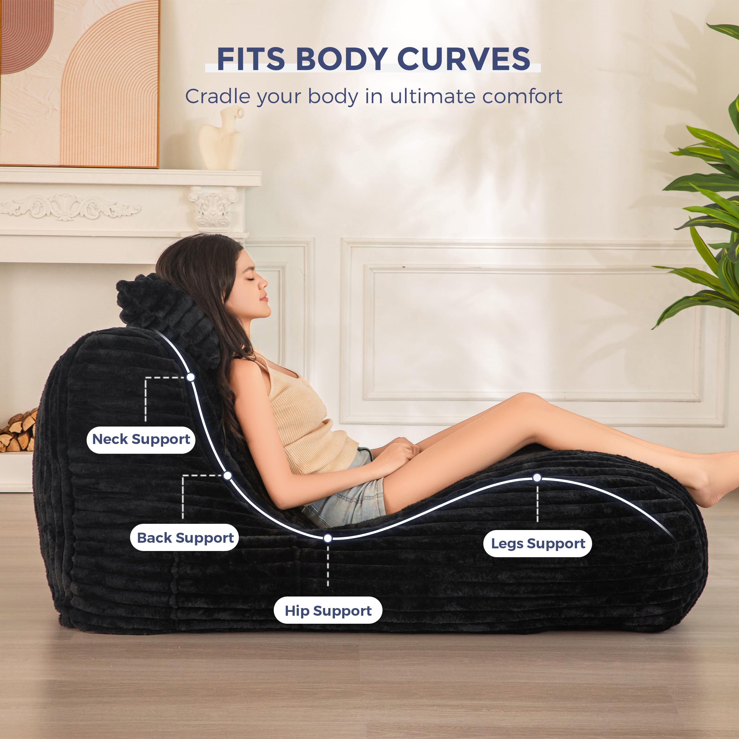 MAXYOYO Ergonomic Chaise Lounge Chair with Pillow - Soft Velvet Fabric Floor Sofa for Bedroom & Living Room - Comfortable Fainting Couch for Relaxation, Reading & Lounging - Black
