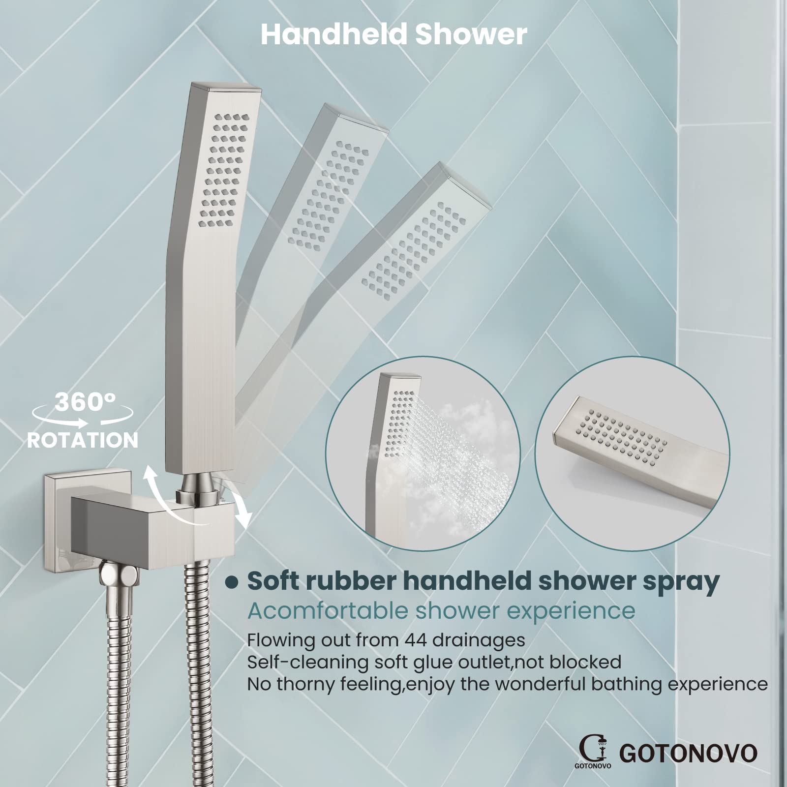 Gotonovo Brushed Nickel Rainfall Shower System Set - 10 Inch Shower Head with Handheld Spray, Wall Mount Mixer Valve & Trim Kit for Modern Bathroom | Perfect for Spa-Like Experience and Luxury Home Renovation