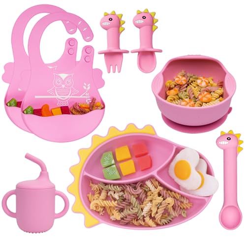 Pink Dinosaur plate,bowl,cup,spoonfork,bib set