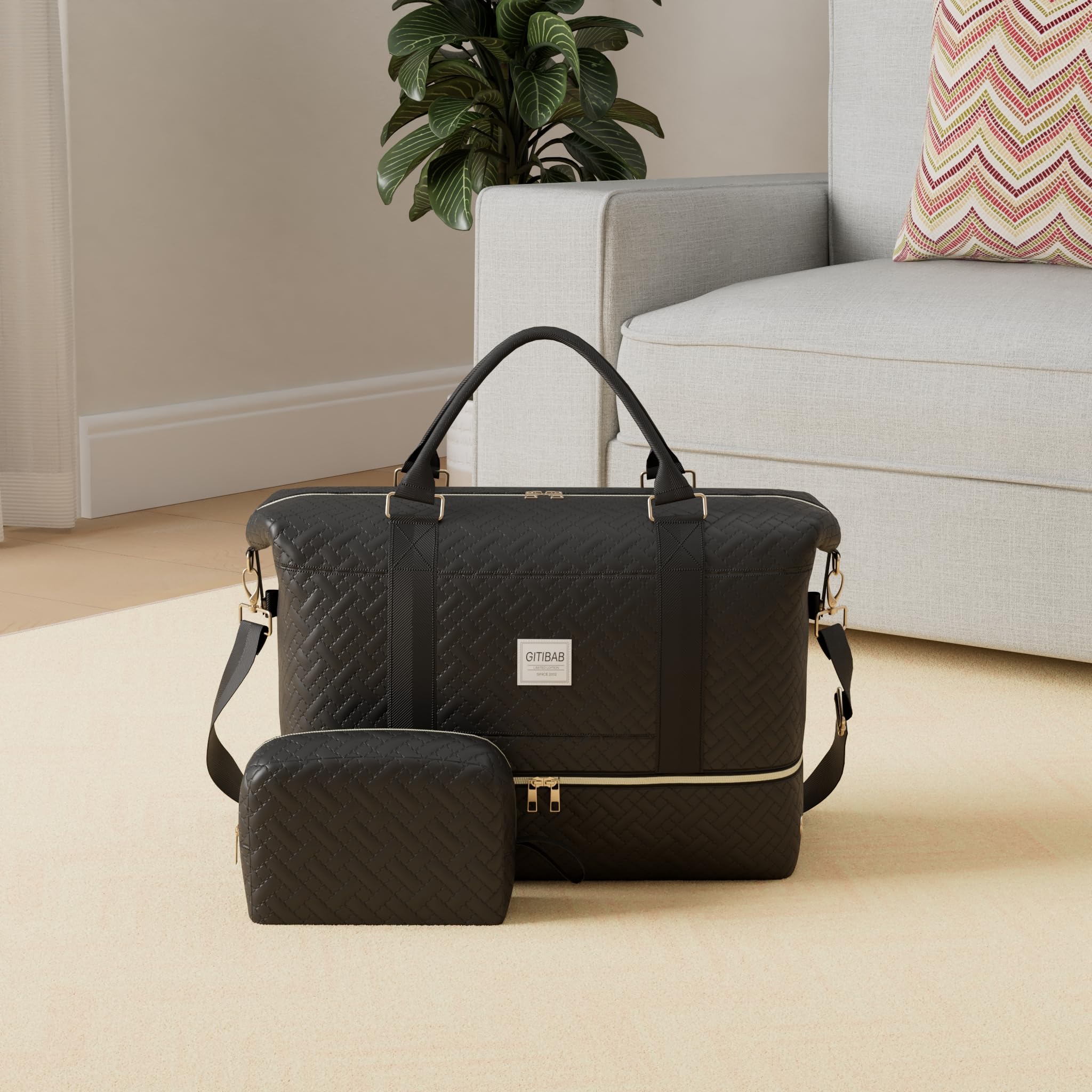 Women's 50L Quilted Duffle Bag - Large Travel Weekender with Shoe Compartment | Carry On Overnight Gym Tote Bag for Business Trips, Workouts & Weekend Getaways
