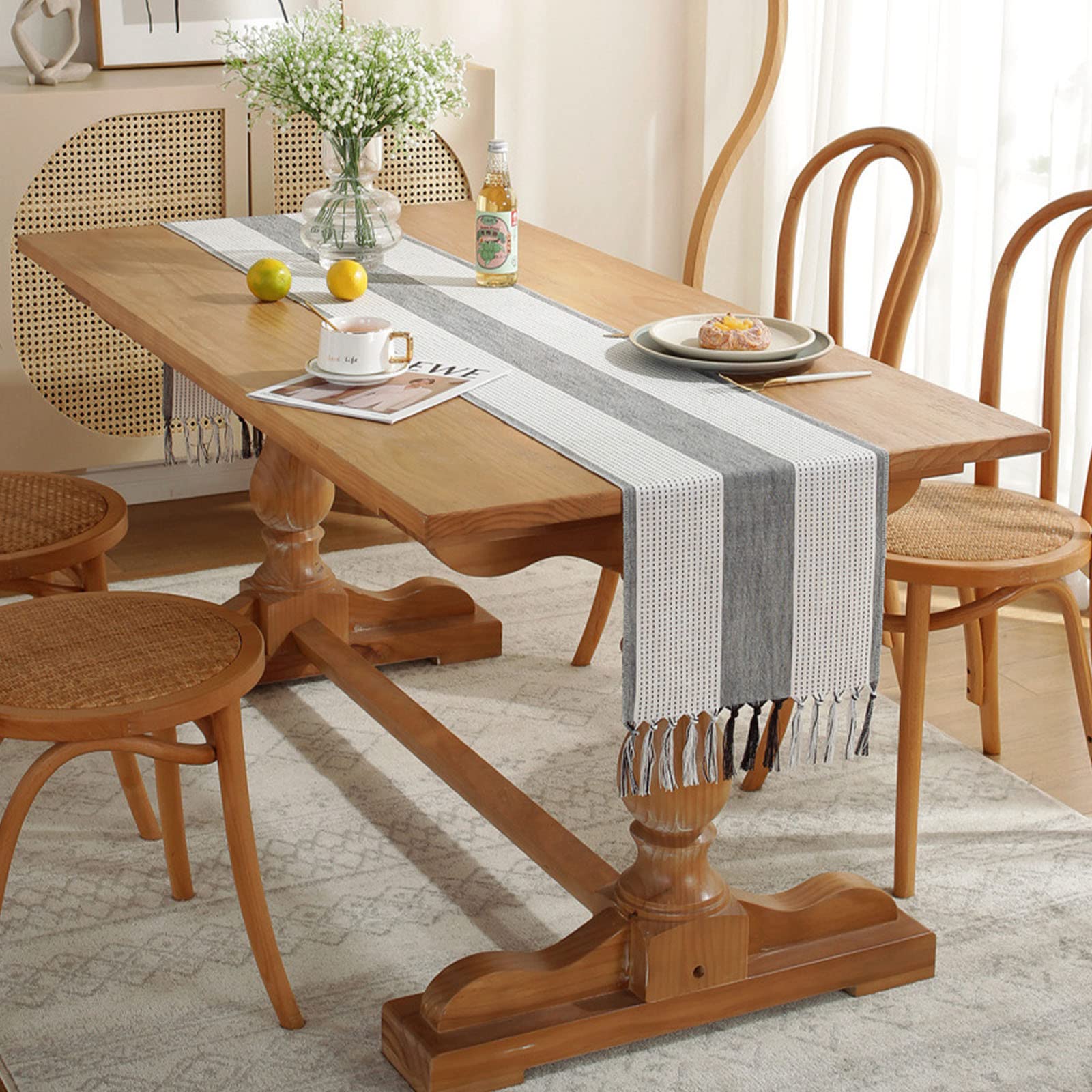 Boho Hemstitched Linen Table Runner 72 Inches Long with Tassels - Rustic Farmhouse Style Table Decor for Dining Room, Holiday Party & Dresser - 13 x 72 Inch Grey - Perfect for Wedding, Thanksgiving & Christmas Decorations
