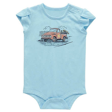 Baby Girls' Petal Sleeve Vintage Truck Bodysuit - Gulf Blue Heather | Soft Cotton Onesie for Newborns & Infants | Perfect for Playdates, Photo Shoots & Everyday Wear