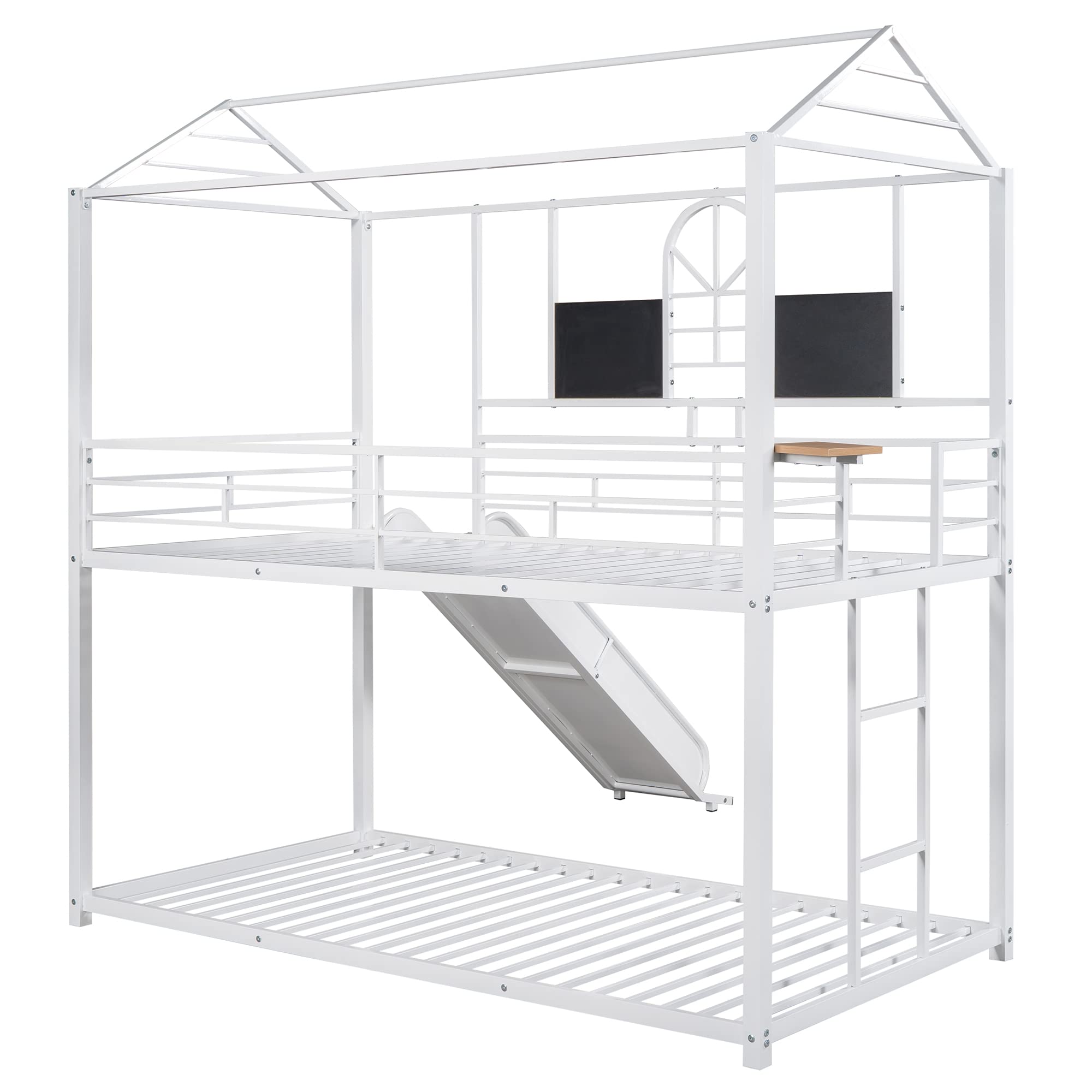 Twin Over Twin Metal Bunk Bed with Ladder & Slide - Sturdy Kids & Teens Bunk Bed Frame with Safety Guard Rails - White Finish - Perfect for Small Bedrooms, Shared Kids Rooms & Sleepovers
