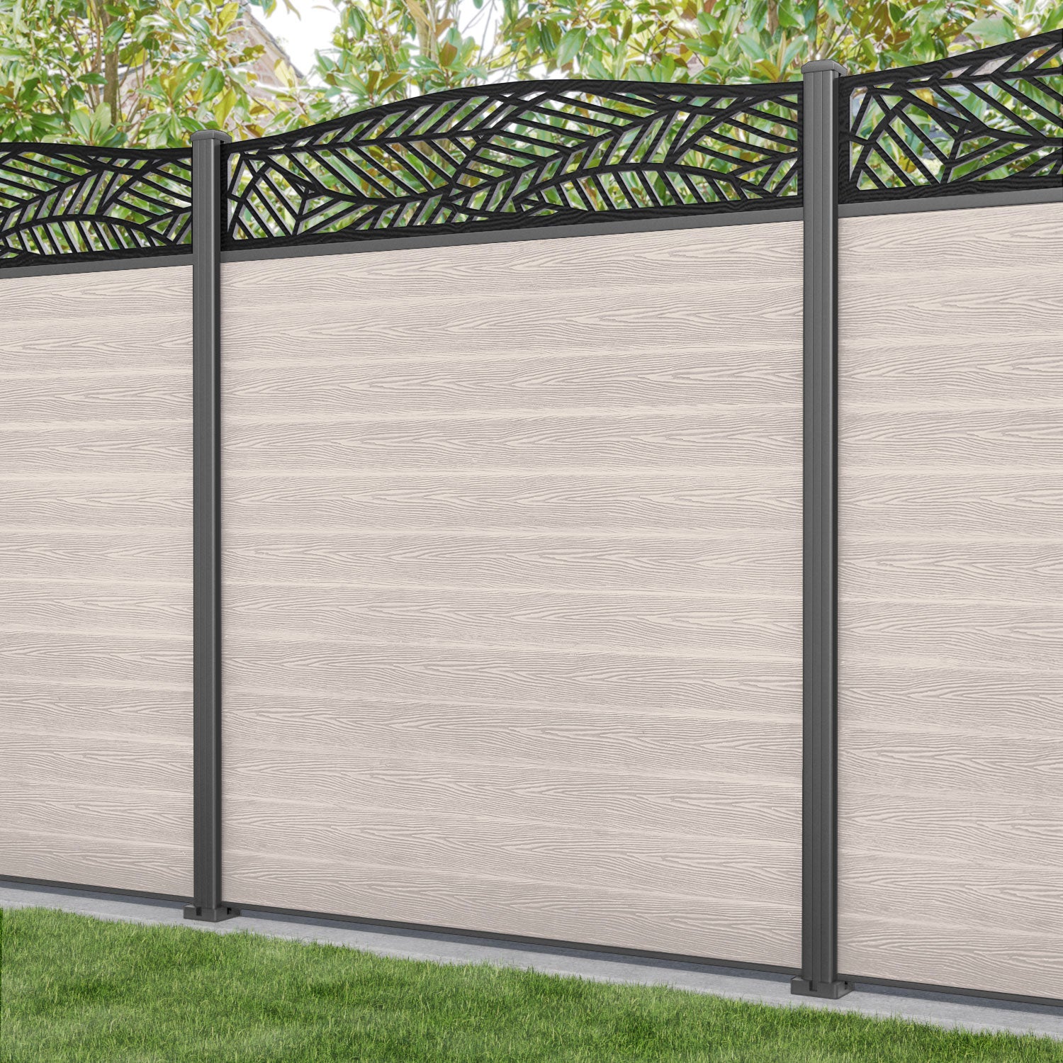 Classic Habitat Curved Top Fence Panel - Mid Stone Color with Aluminum Posts | Durable Garden Fence for Backyard, Patio, and Poolside Privacy Protection