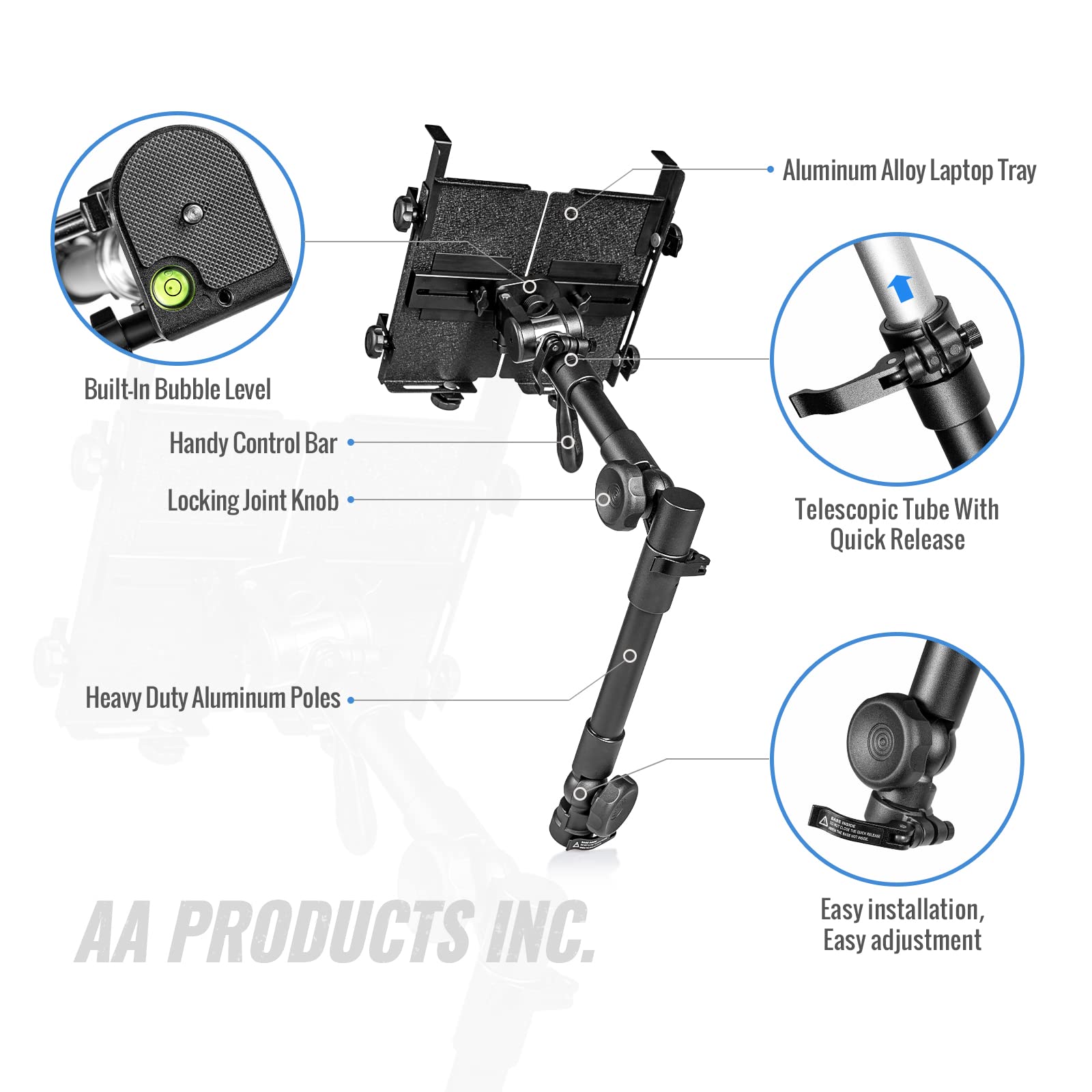 AA-Products T-100AT Aluminum Universal Laptop Mount Holder for Trucks, Vans, Cars & SUVs - Secure In-Vehicle Computer Stand for Work or Travel