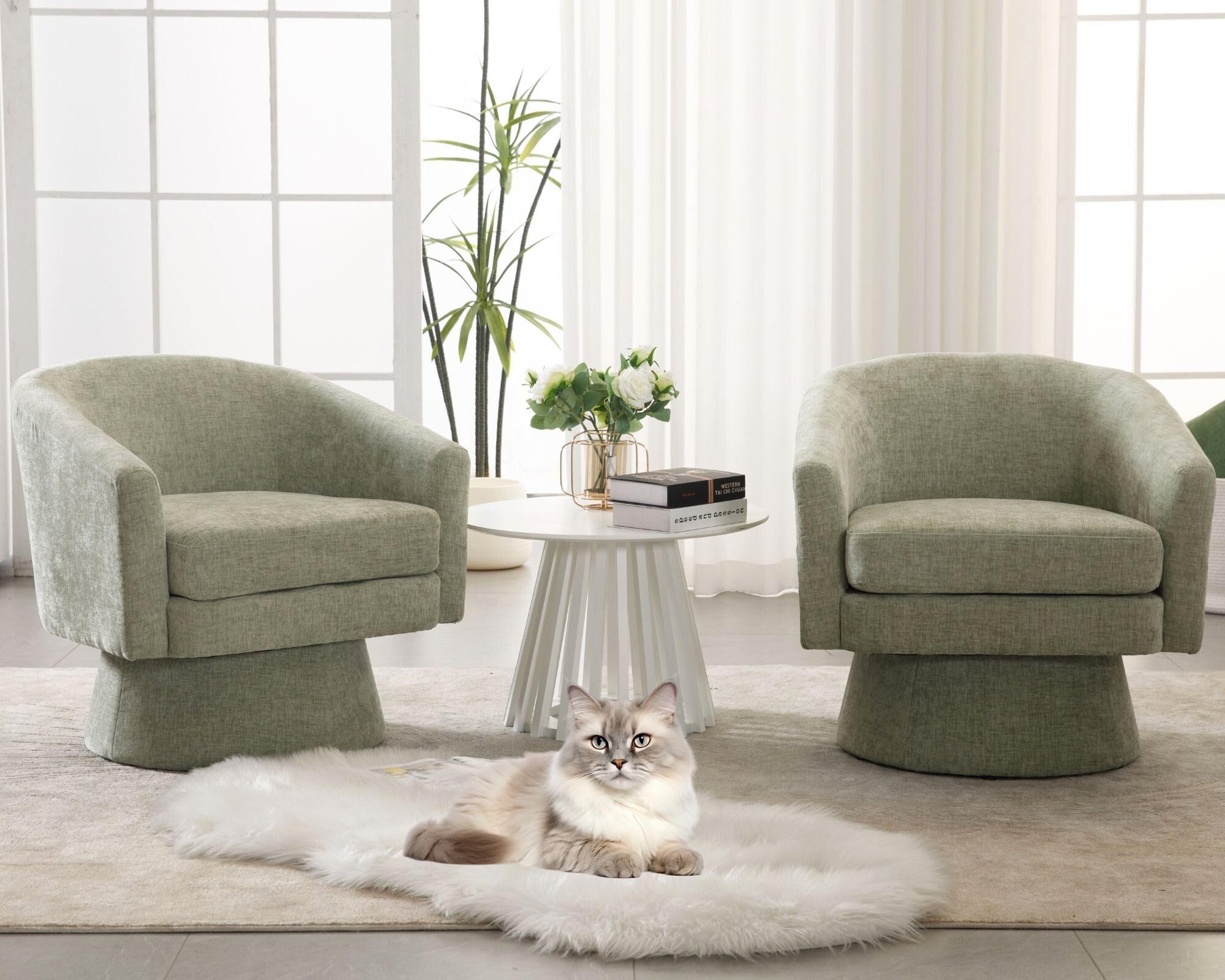 Modern Swivel Accent Chairs Set of 2 - Green Chenille Upholstered Barrel Chairs with Comfy Back Support | Cozy Vanity Armchairs for Living Room, Bedroom & Reading Nook | Round Lounge Club Chairs Perfect for Corner Spaces & Relaxation