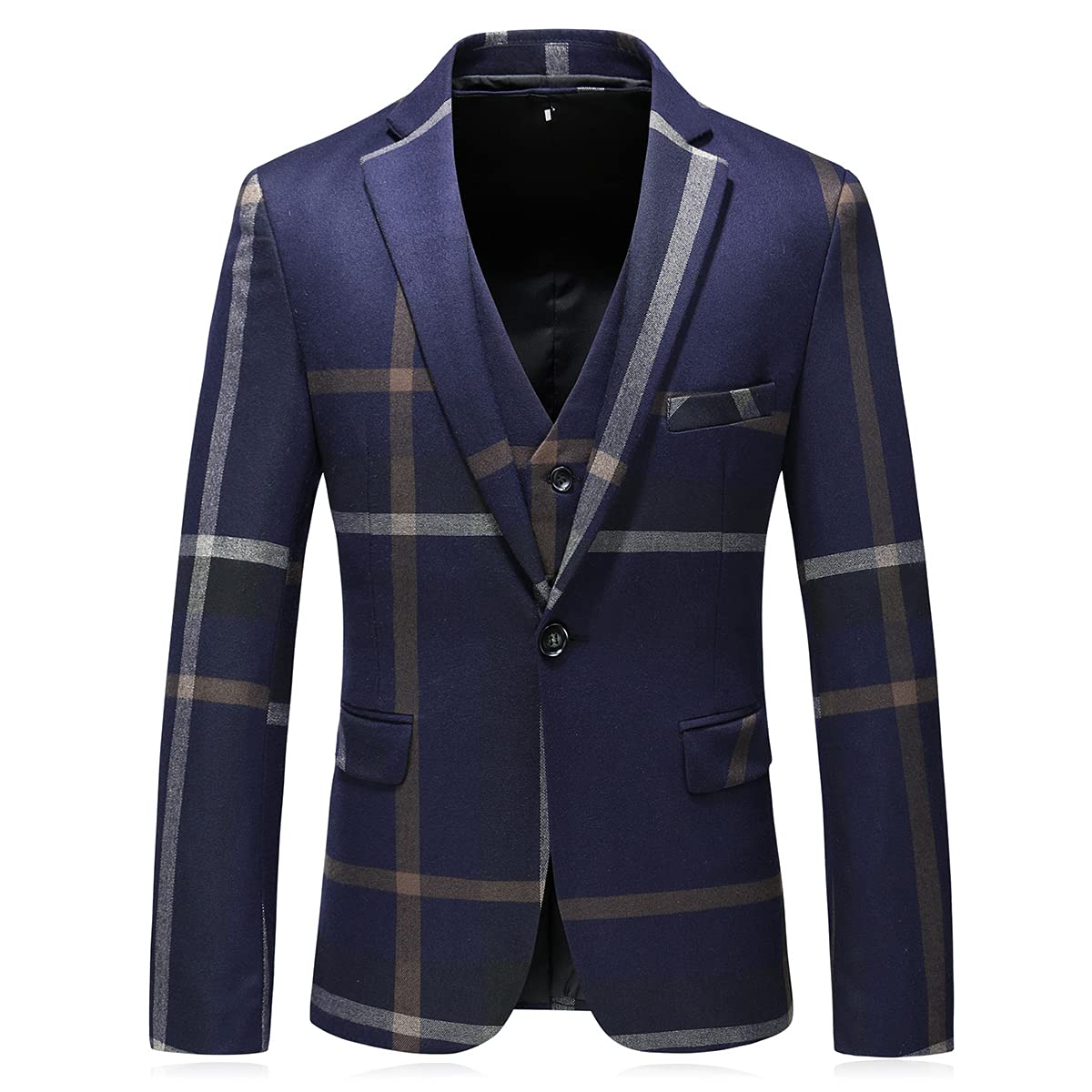 3 Piece Men's Check Plaid Suit Set - Single Breasted One Button Jacket with Formal Dress Pants for Wedding, Prom, Party & Business Events