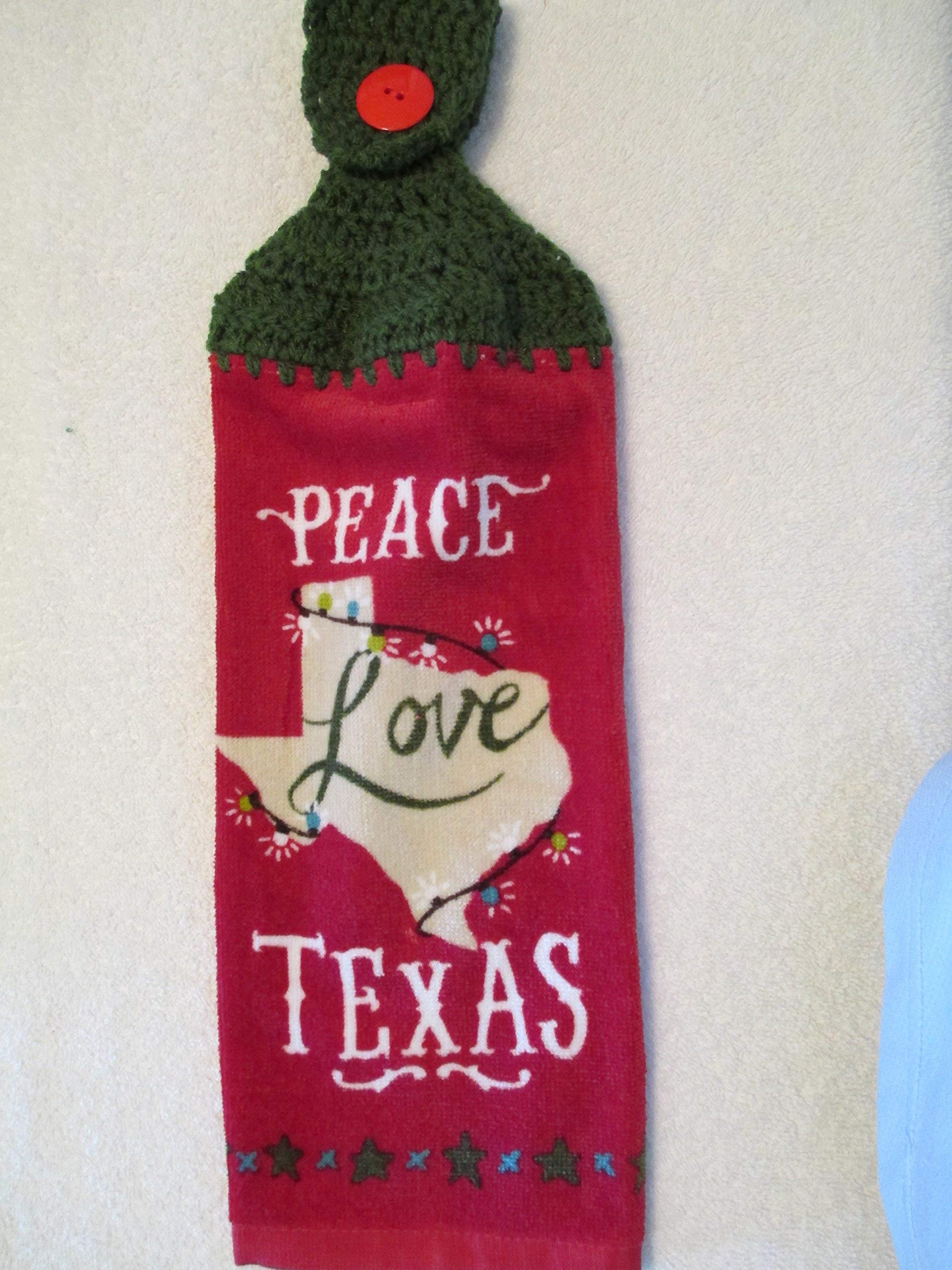 Handmade Crocheted Christmas Kitchen Towel - Peace, Love & Texas Holiday Design with Dark Green Yarn - Perfect for Festive Decor, Gift Giving & Farmhouse Style Kitchens