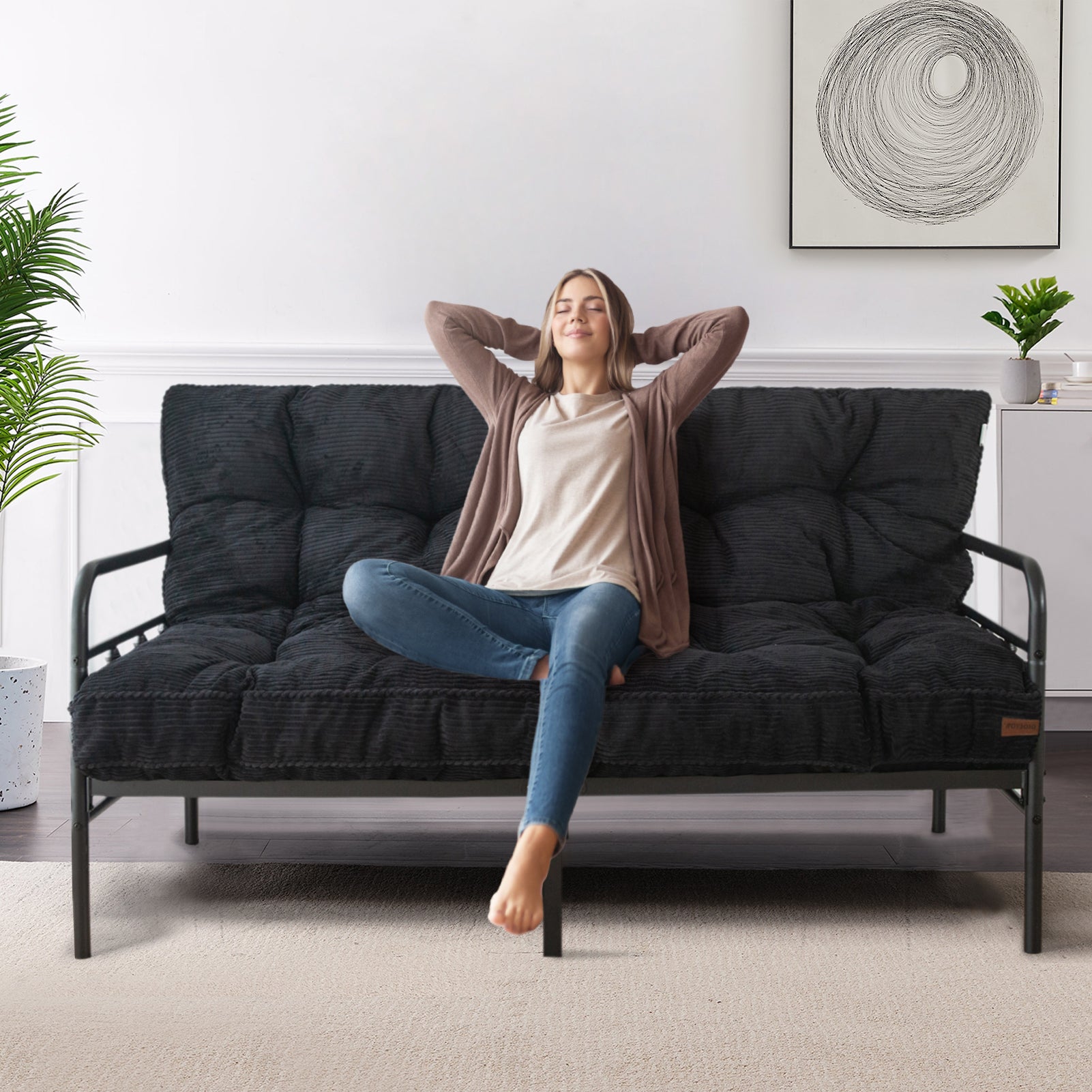 MAXYOYO 6-Inch Tufted Futon Sofa Couch Bed - Thick Corduroy Fabric Floor Futon Mattress for Adults (Mattress Only) in Black - Perfect for Small Spaces, Guest Rooms & Dorm Rooms