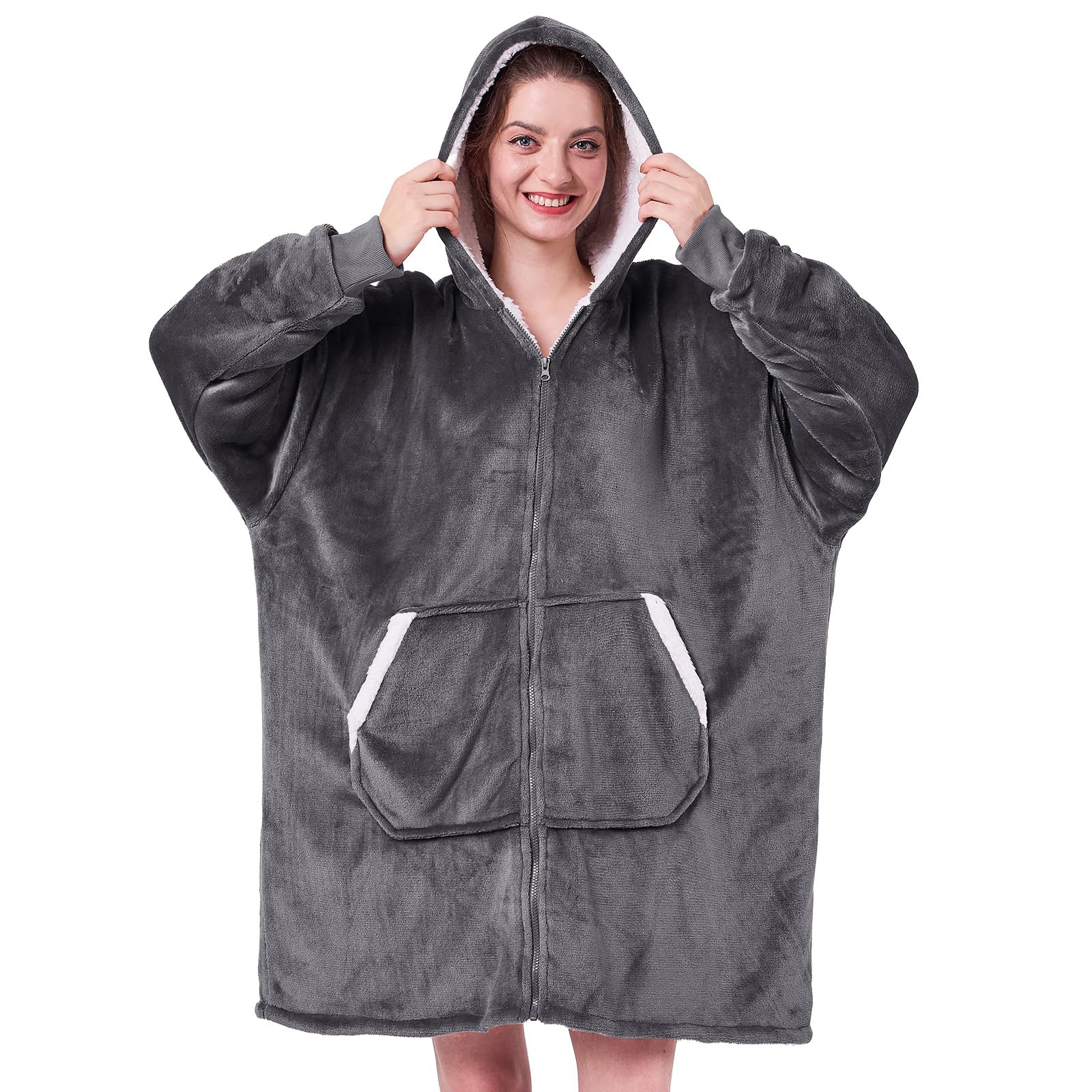 JOYWOO Wearable Blanket Hoodie - Oversized Sherpa Hooded Sweatshirt with Giant Pocket for Women & Men | Cozy Winter Gifts for Mom, Birthday Presents | Perfect for Lounging, Movie Nights & Cold Weather (Grey)