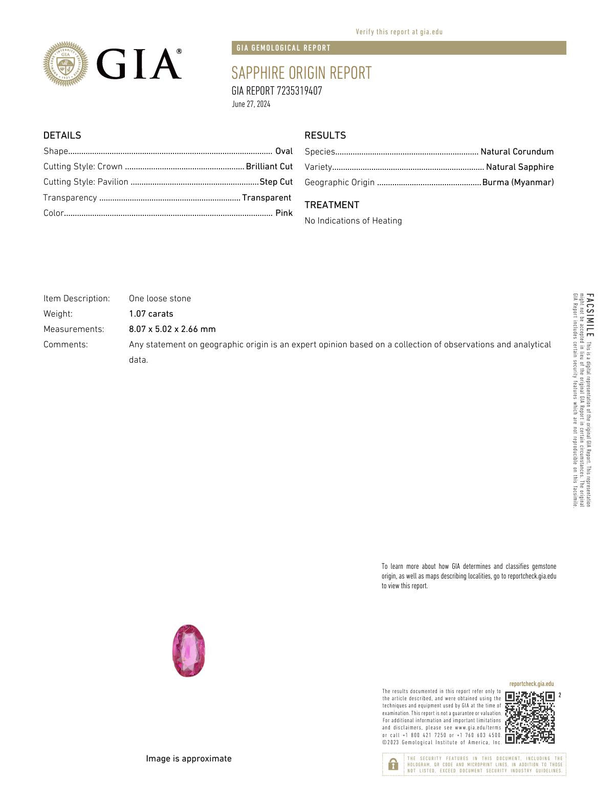 1.07 Carat GIA Certified Burma No Heat Pink Sapphire & Diamond 18K Yellow Gold Engagement Ring for Women - Perfect for Proposals, Anniversaries & Special Occasions
