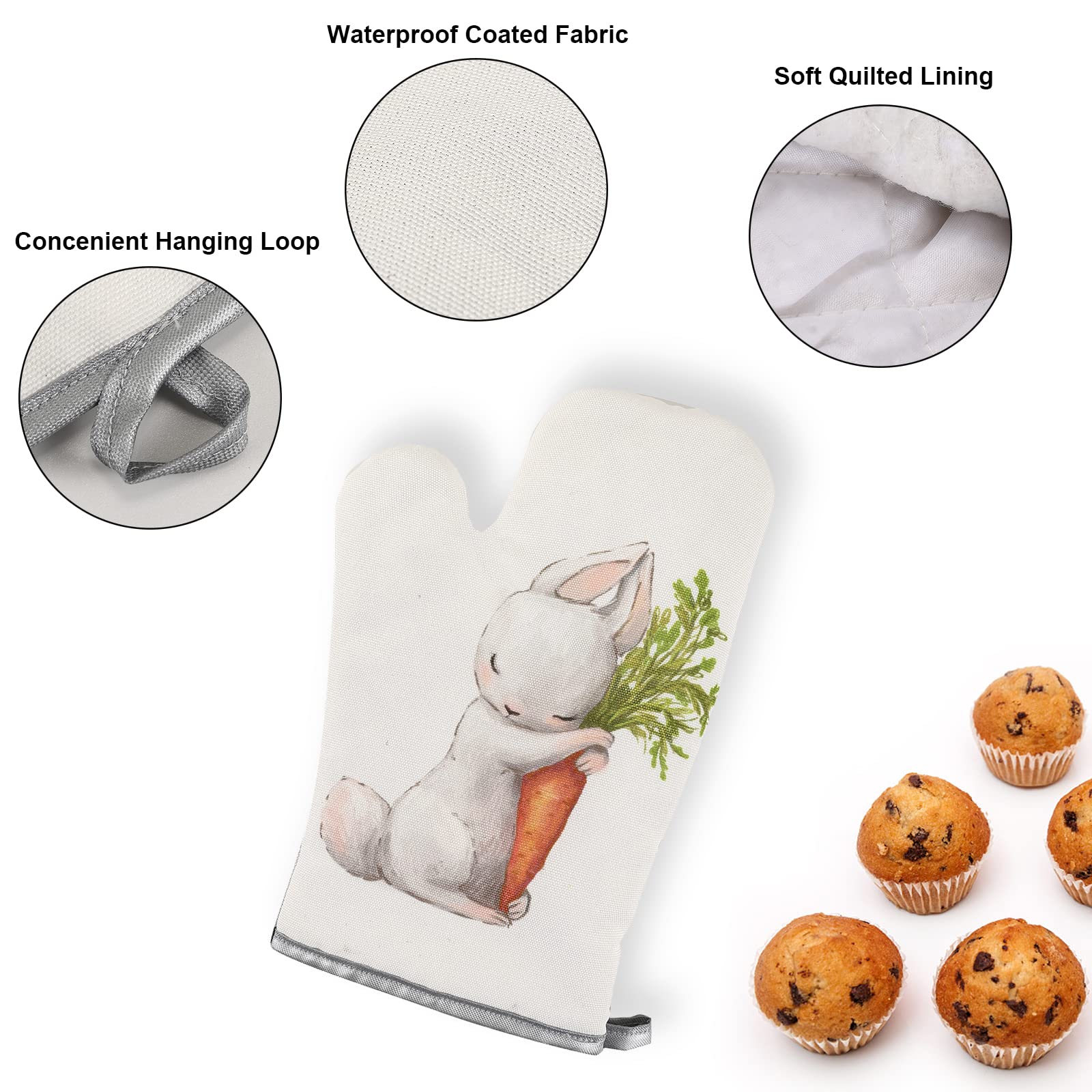 Heat Resistant Oven Mitts and Pot Holders Set - Cute Bunny Rabbit Print Kitchen Gloves for Cooking, Baking, Grilling - Easter Gifts for Women & Home Chefs - Perfect for Holiday Baking, BBQ, and Everyday Kitchen Use
