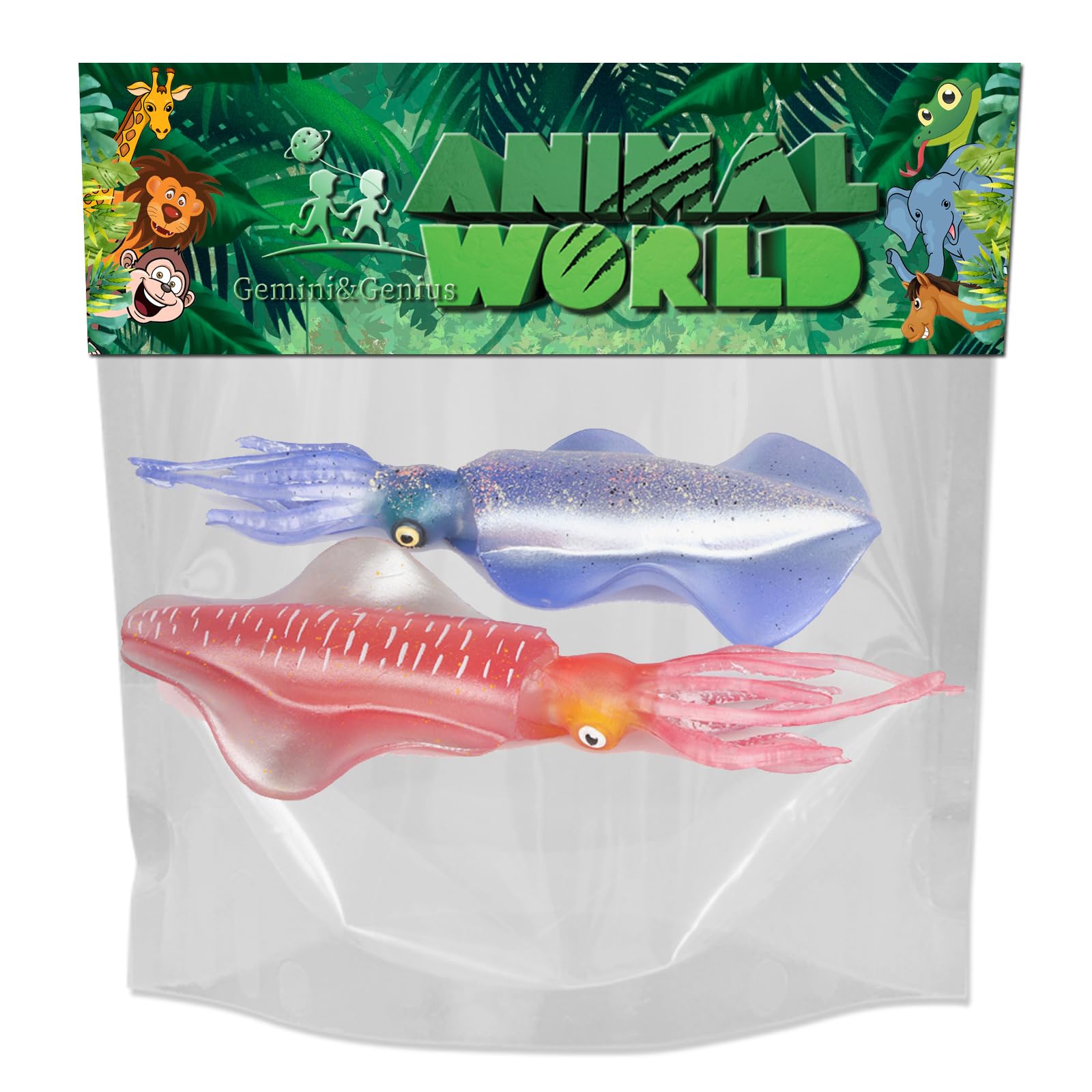 Gemini & Genius 2Pcs Glow in The Dark Squid Toys - Realistic Marine Bioluminescent Cuttlefish Action Figures for Kids | Perfect for Educational Play, Cake Decorations, Swimming Pool & Bathtub Fun, Stocking Stuffers & Ocean-Themed Party Favors