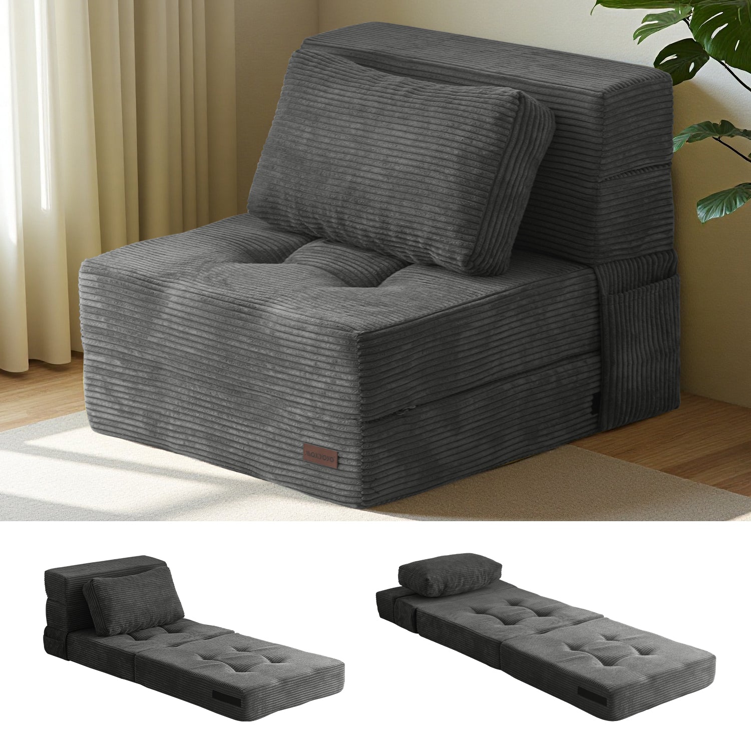 MAXYOYO 4-in-1 Convertible Sofa Bed Chair - Foldable Floor Couch for Small Spaces, Dark Grey - Perfect for Studio Apartments, Guest Rooms & Dorm Living