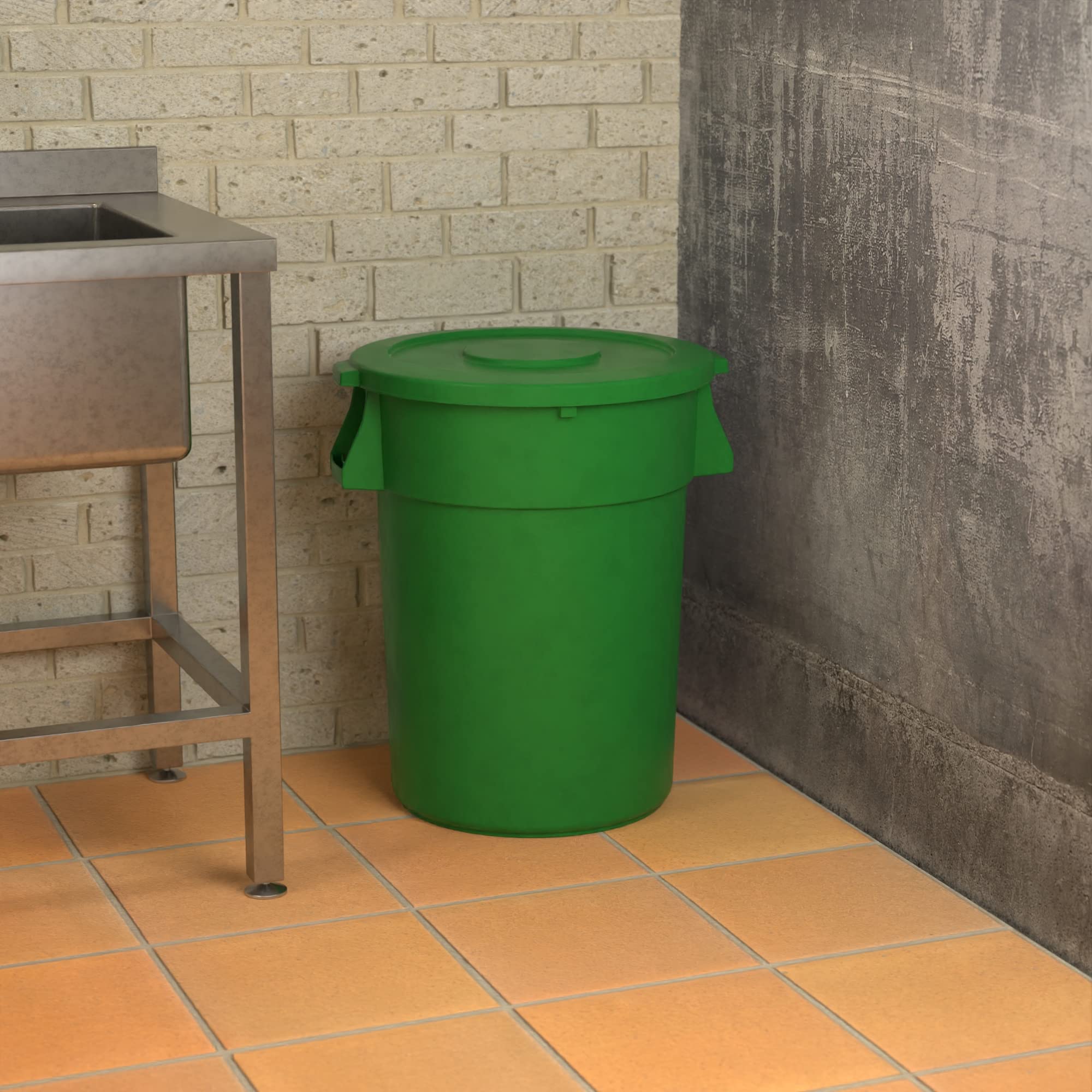 44 Gallon Green Round Commercial Trash Can with Lid - Heavy Duty Outdoor/Indoor Garbage Bin for Restaurants, Offices & Schools