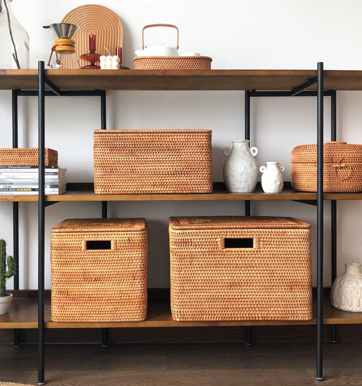 Extra Large Woven Storage Baskets with Lids - Rattan Rectangular Organizer Bins for Shelves, Closet, Living Room | Perfect for Clothes, Blankets & Home Decor Organization