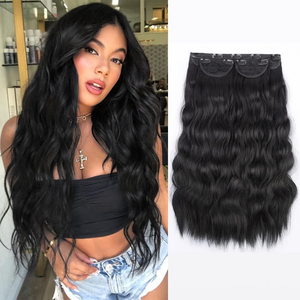 OSEN 5-Piece 24-Inch Curly Wavy Hair Extensions for Women - Clip-in Human Hair Extensions for Instant Length & Volume (Black) - Perfect for Parties, Weddings & Daily Styling