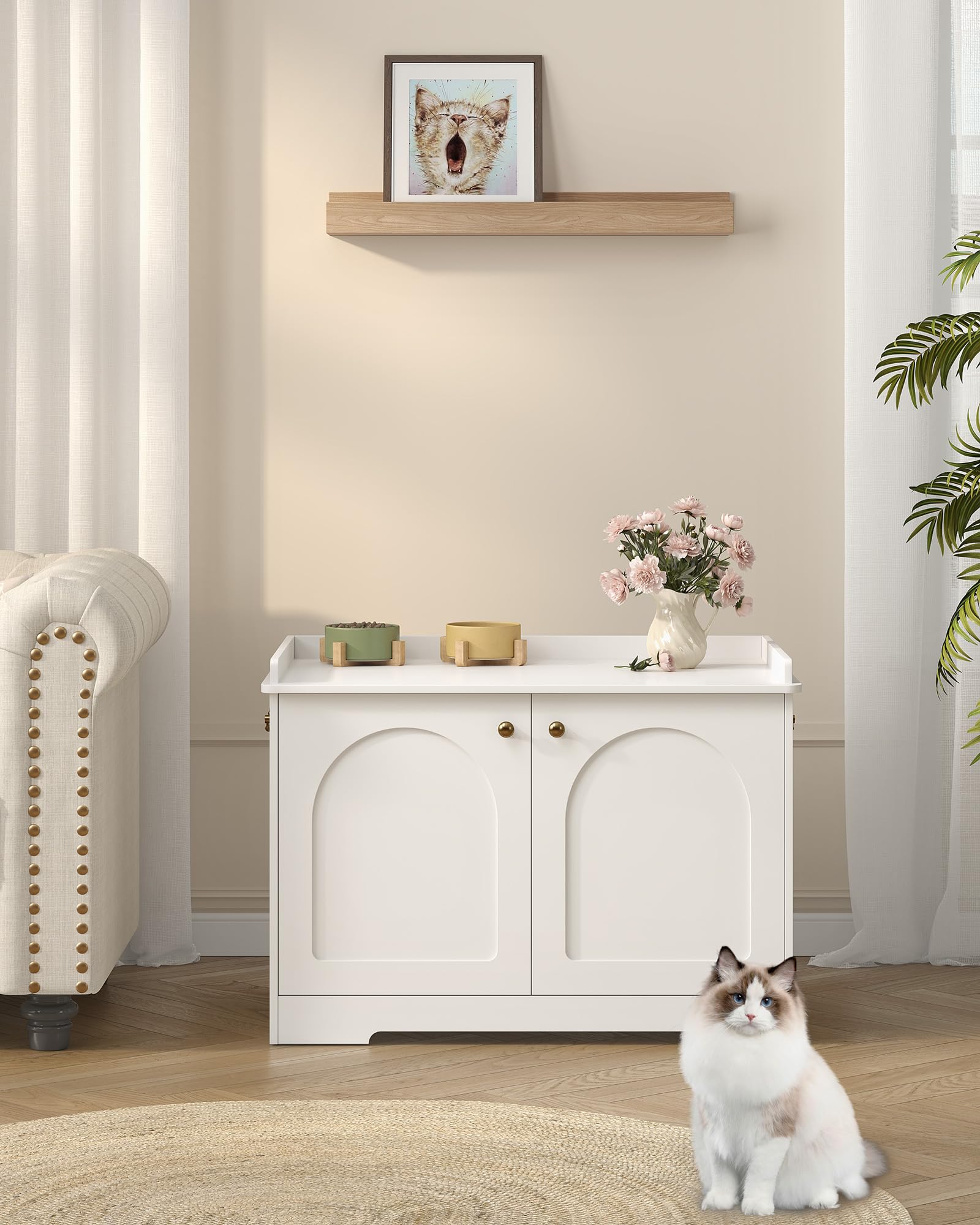 Hzuaneri White Wooden Cat Litter Box Enclosure Furniture - Hidden Litter Box with Removable Partition & Handles, 19.7 x 31.4 x 22.4 Inches, Multi-Functional Pet House & Side End Table for Living Room, Bedroom, or Office