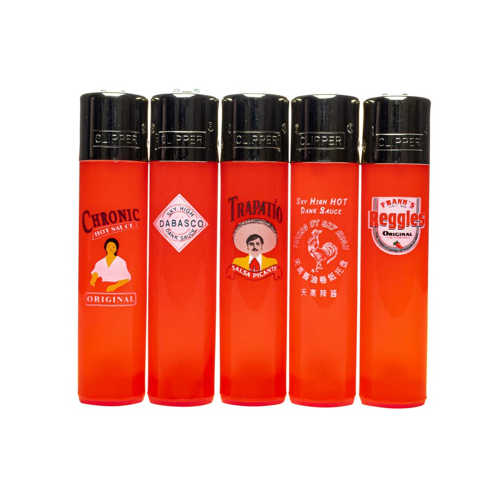 5 Pack Reusable Clipper Lighters with Custom Hot Sauce Parody Designs - Windproof Refillable Lighters for Camping, BBQ, Outdoor Adventures & Everyday Use