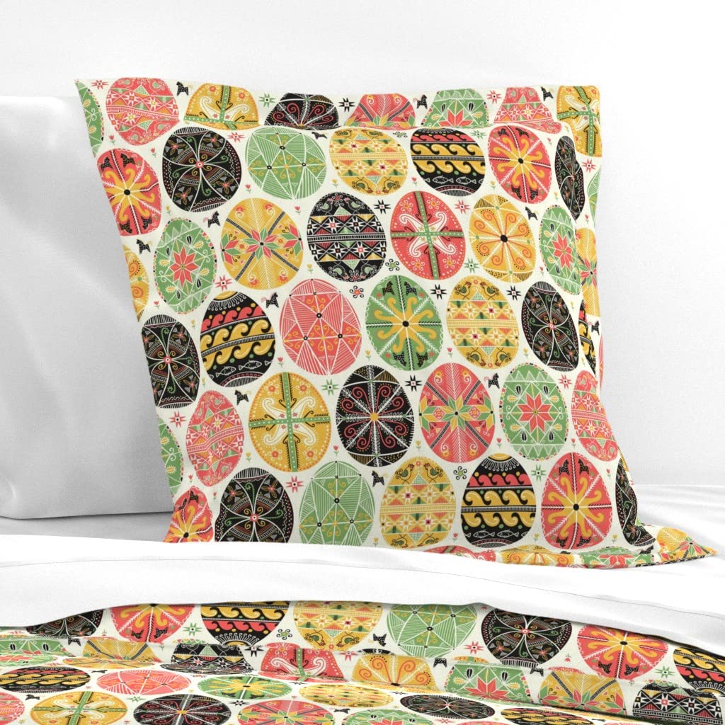 Easter Folk Pysanky Egg Print Cotton Sateen Euro Sham with Flanged Edge - Custom Scandinavian Geometric Bedding for Spring Decor & Festive Home Styling