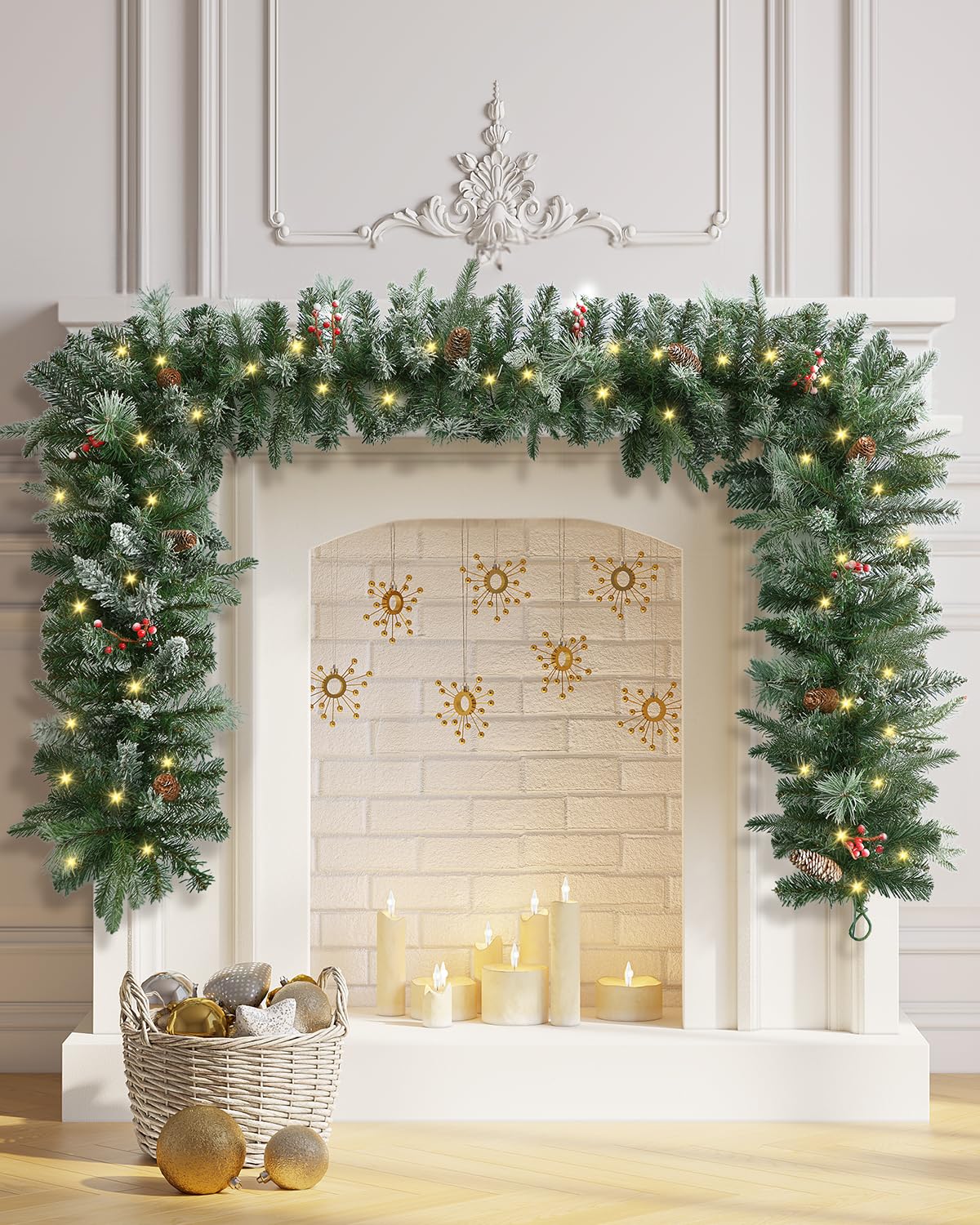 9FT Pre-lit Christmas Garland with Pine Cones & Berries - 50 LED Battery Operated Snowy Garland with Timer - PVC & PE Holiday Decor for Stairs, Fireplace, Mantel, Front Door & Indoor/Outdoor Christmas Decorations