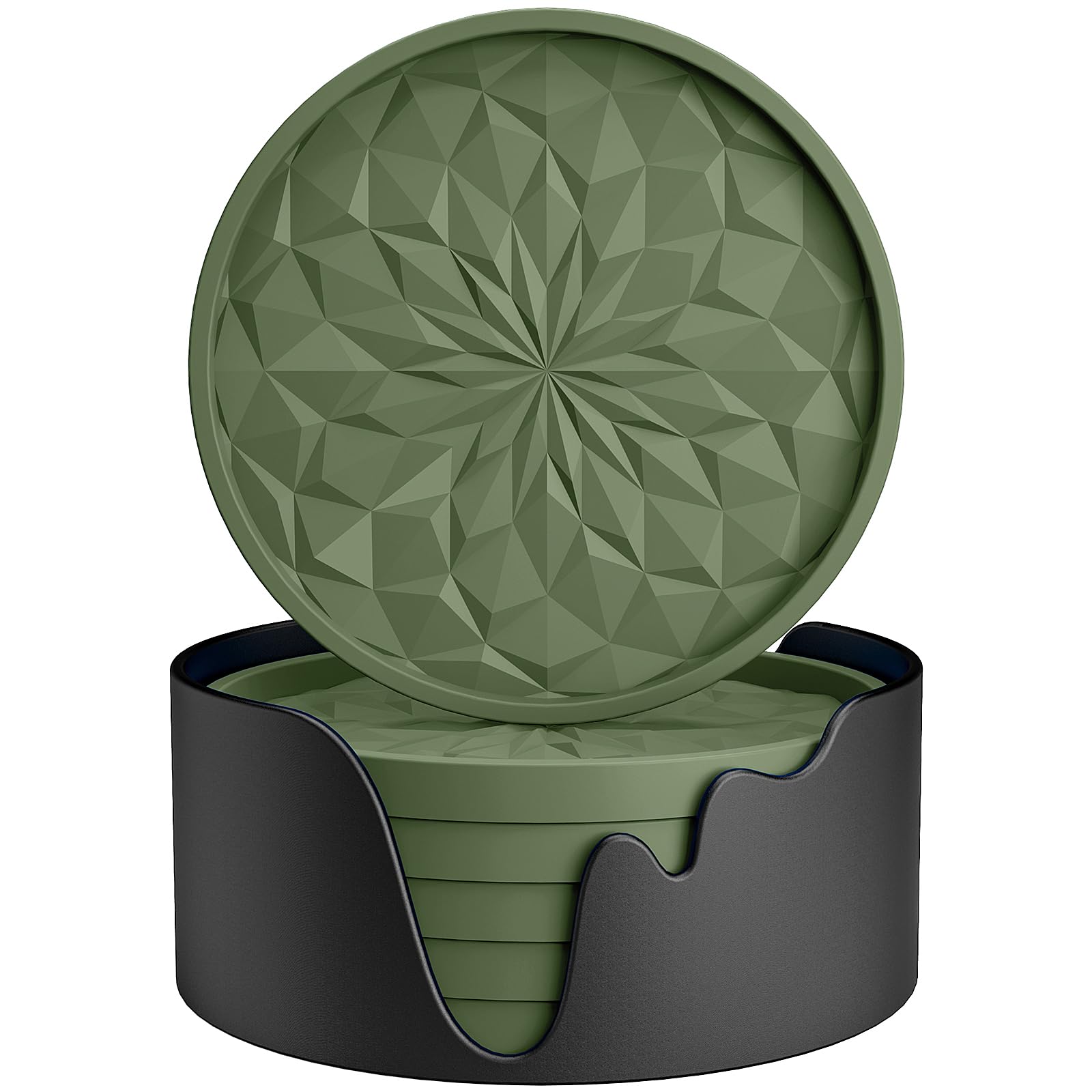 Premium Silicone Drink Coasters Set of 6 with Holder - Non-Slip Cup Mats for Hot & Cold Beverages - Thickened Non-Stick Coaster Tray in Olive Green - Perfect for Dining Tables, Coffee Bars & Home Decor