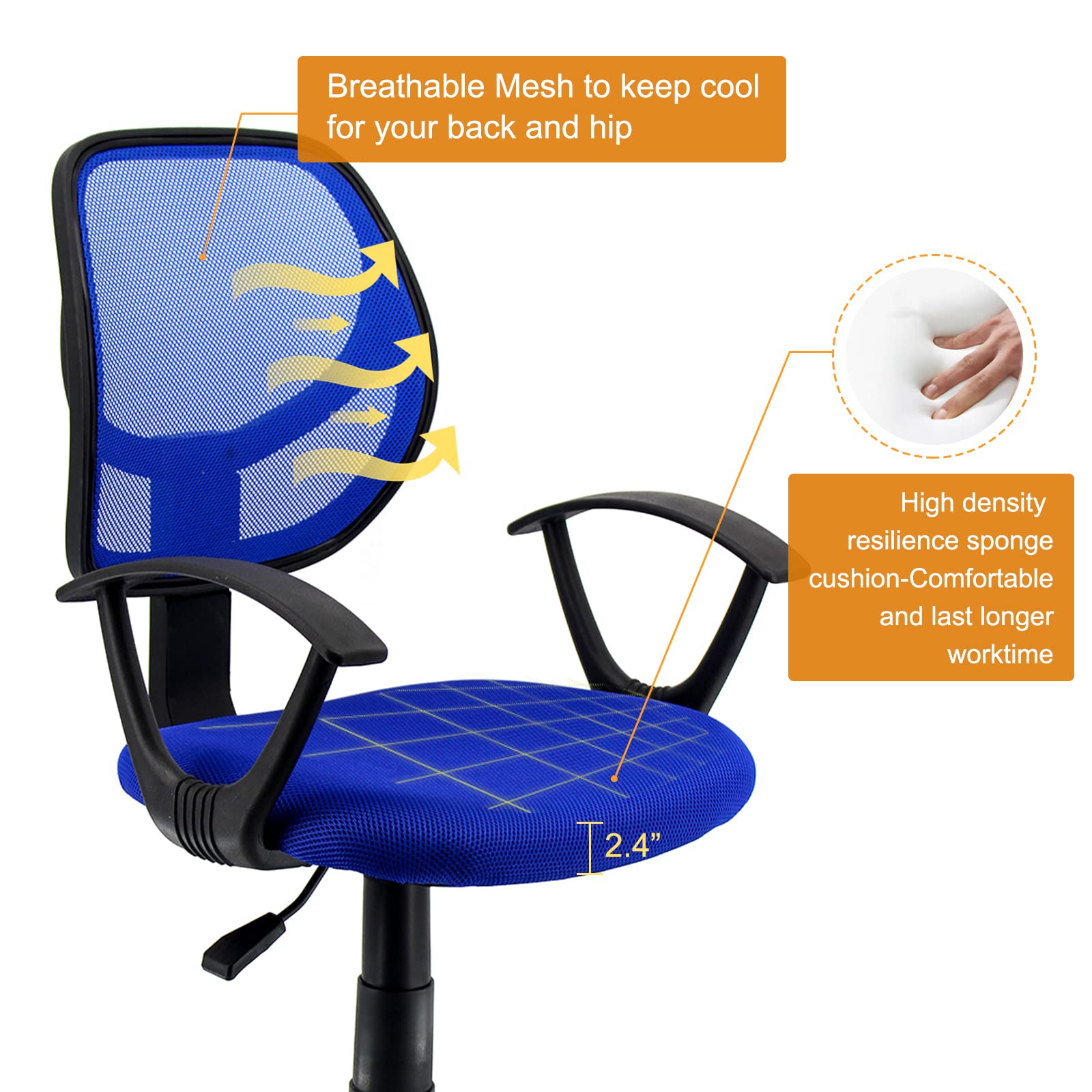 Ergonomic Mid Back Mesh Office Chair with Wheels & Adjustable Arms - Black & Blue - Perfect for Home Office, Gaming & Computer Workstations