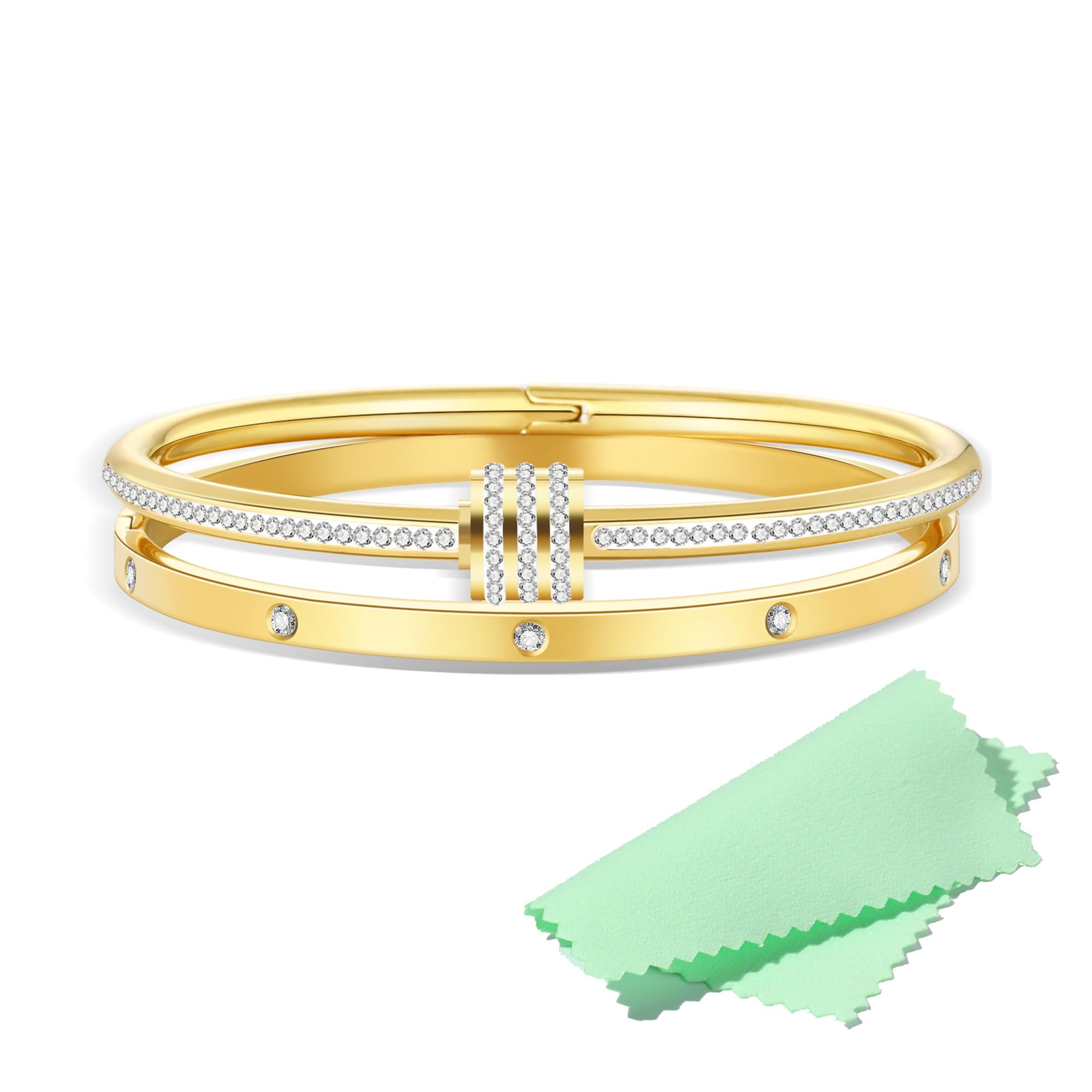 Elegant Women's Stainless Steel Gold Plated Cuff Bracelet with Cubic Zirconia Hinge - Oval Bangle for Anniversary, Birthday & Valentine's Day Gifts | Perfect for Date Nights, Weddings & Special Occasions