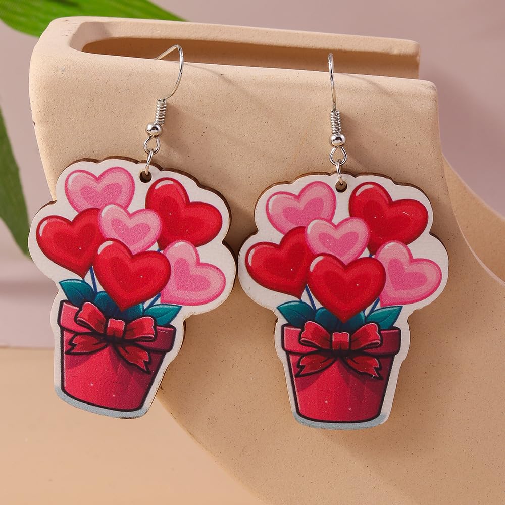 Valentine's Day Heart Balloon Drop Earrings for Women - Pink & Red LOVE XOXO Dangling Wooden Painted Earrings | Romantic Gift for Her, Date Night, Anniversary, Wedding Accessories