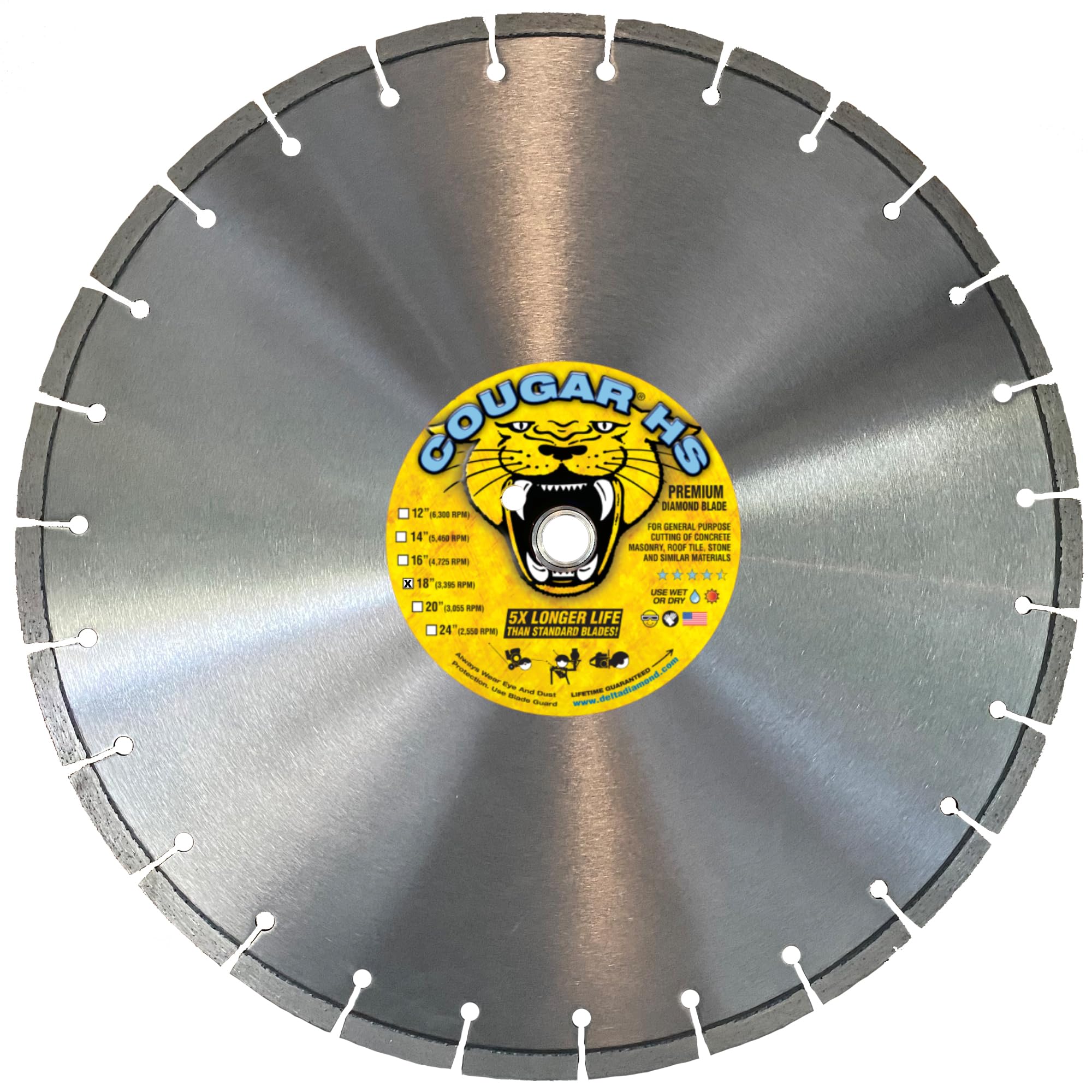 Delta Diamond Cougar HS 18-Inch Segmented Diamond Saw Blade - Premium General Purpose for Cutting Concrete, Block, Paver, Brick - Wet/Dry Use with 1
