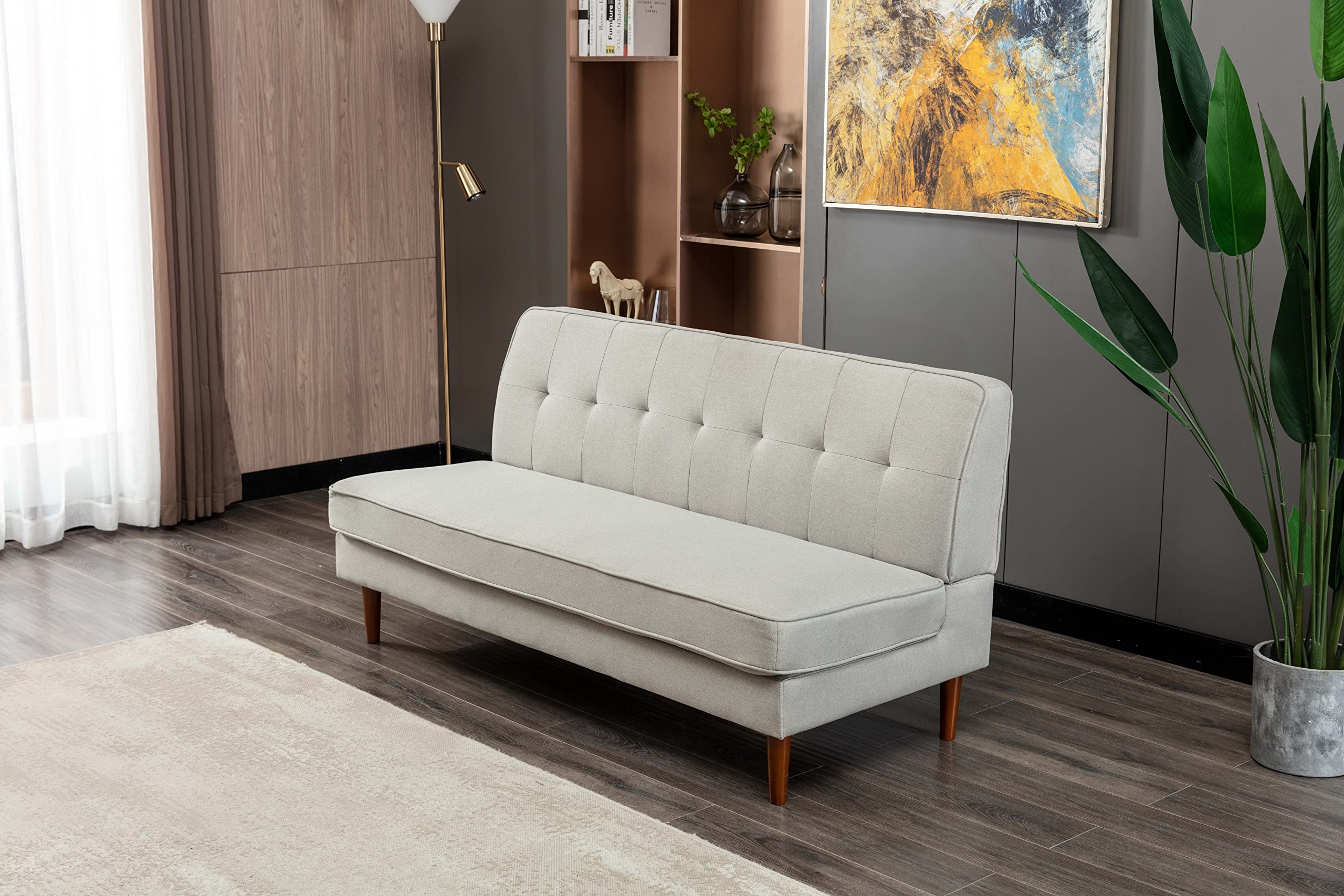 Modern Armless Futon Sofa - Mid-Century Tufted Linen Upholstered Couch with Wood Legs for Small Spaces & Apartments (Beige) | Compact Living Room, Studio, Dorm & Office Seating Solution