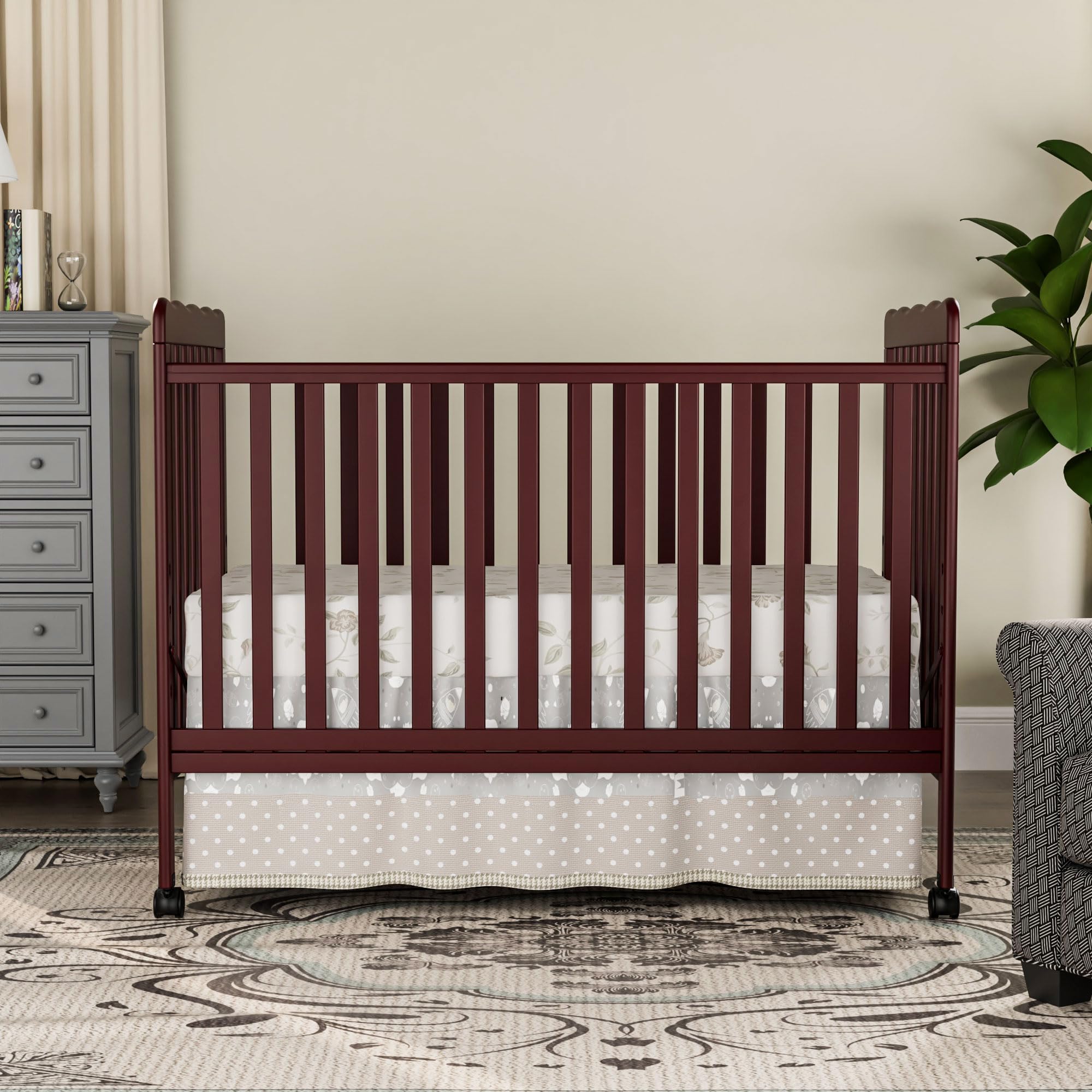 3-in-1 Convertible Baby Crib to Toddler Bed - Full Size Wooden Nursery Furniture with Locking Wheels, Non-Toxic Cherry Finish - Safe Sleeping Solution for Newborns & Toddlers