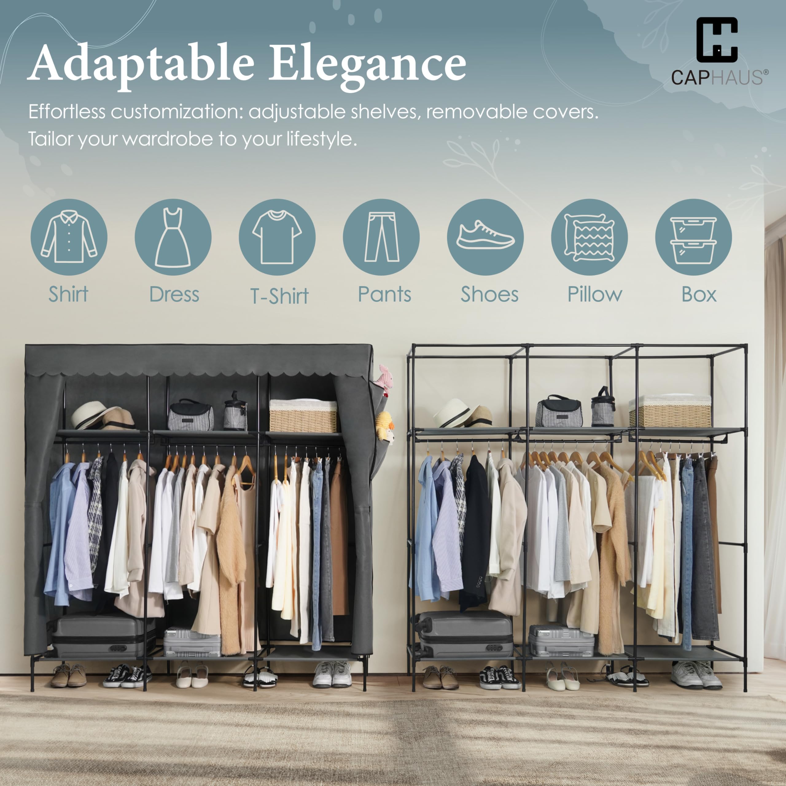 CAPHAUS 61-Inch Heavy-Duty Clothing Rack with Cover - 25MM Steel Tube Portable Closet Wardrobe, 390LB Capacity Metal Garment Rack for Hanging Clothes | Perfect for Home Organization, Closet Storage, Laundry Room & Retail Display
