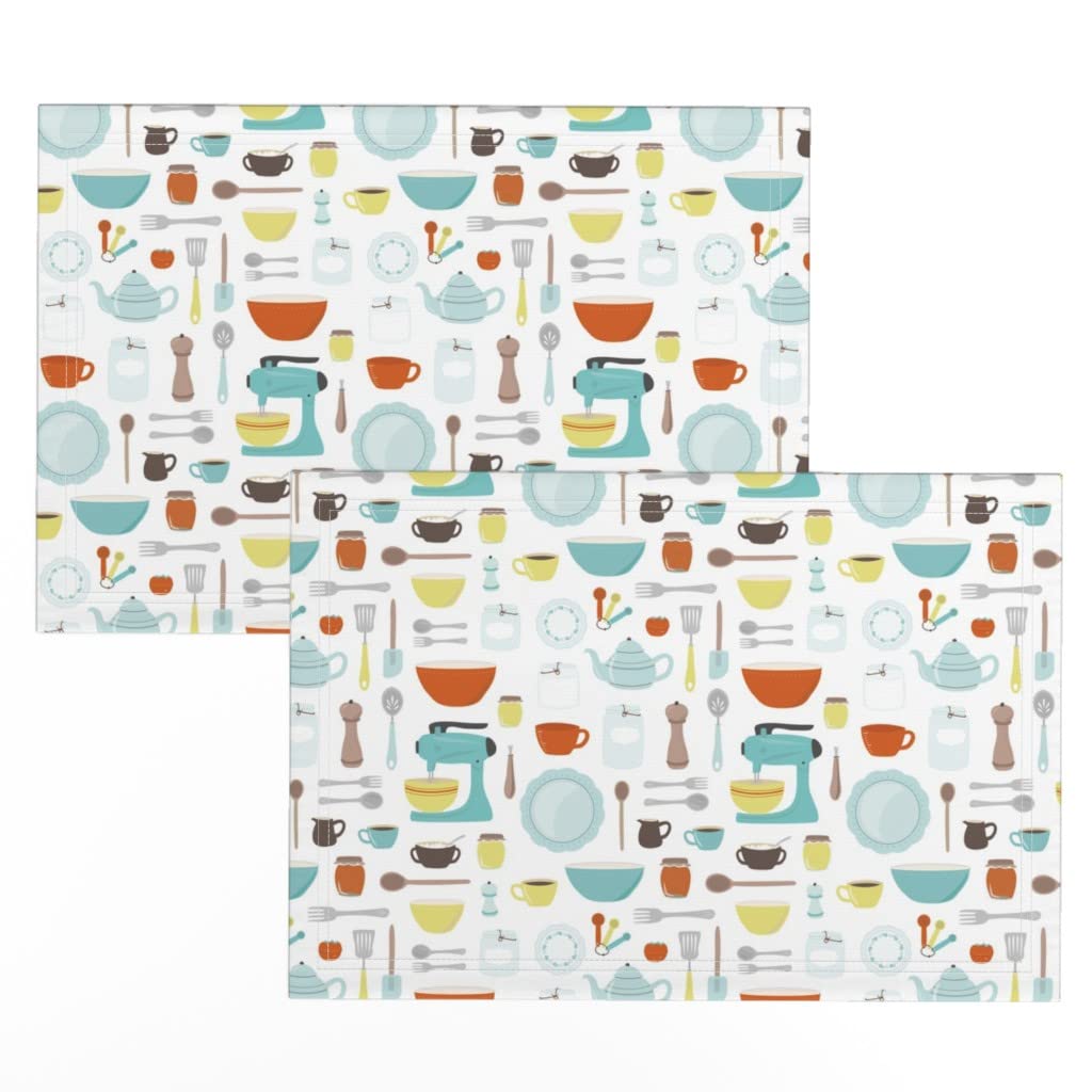 Vintage Linen Cotton Canvas Placemats Set of 2 - Mid Century Retro Print Kitchen Dining Table Mats for Cooking, Baking & Home Decor | Spoonflower Washable Fabric Place Settings