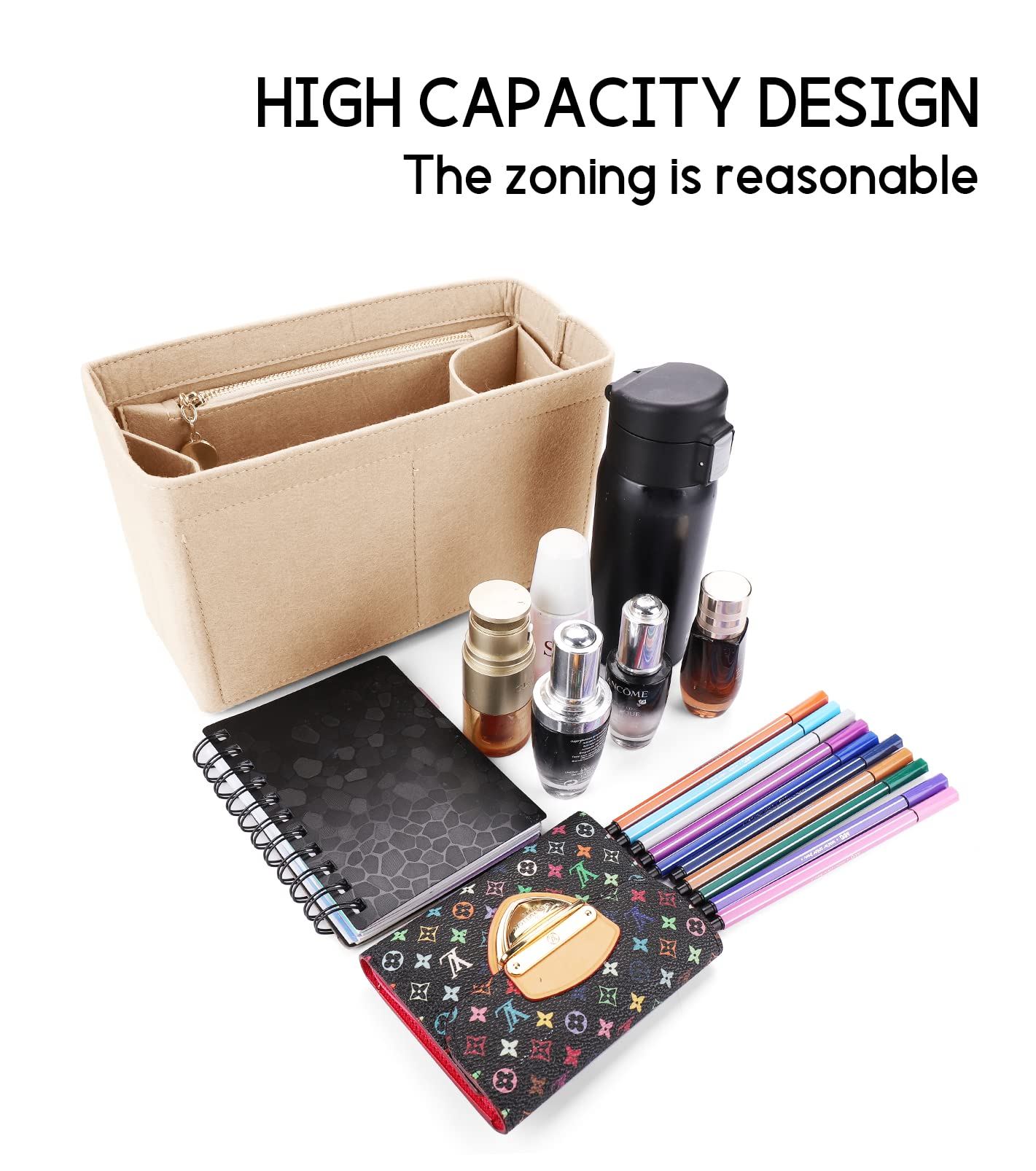 LEXSION Beige Large Felt Purse Organizer Insert with Zipper & Removable Bottle Holder - Perfect for Kelly 32 Handbags | Keep Your Bag Neat & Organized for Work, Travel & Daily Use