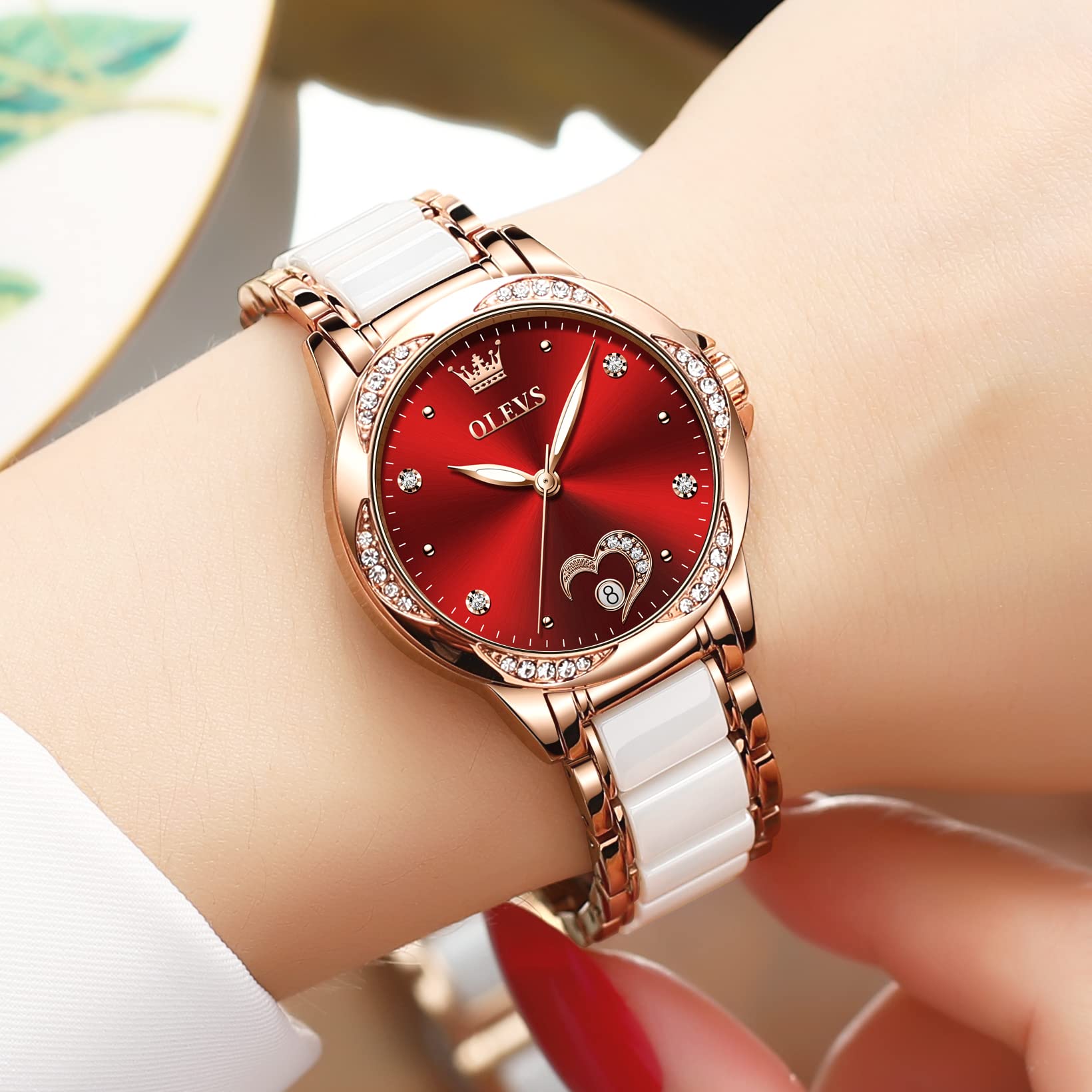 OLEVS Women's Automatic Watch - Premium Large Face Diamond Accented Self Winding Ladies Watch, Fashion Waterproof Dress Watch with Two Tone Stainless Steel & Ceramic Bracelet | Perfect for Business, Party & Everyday Wear