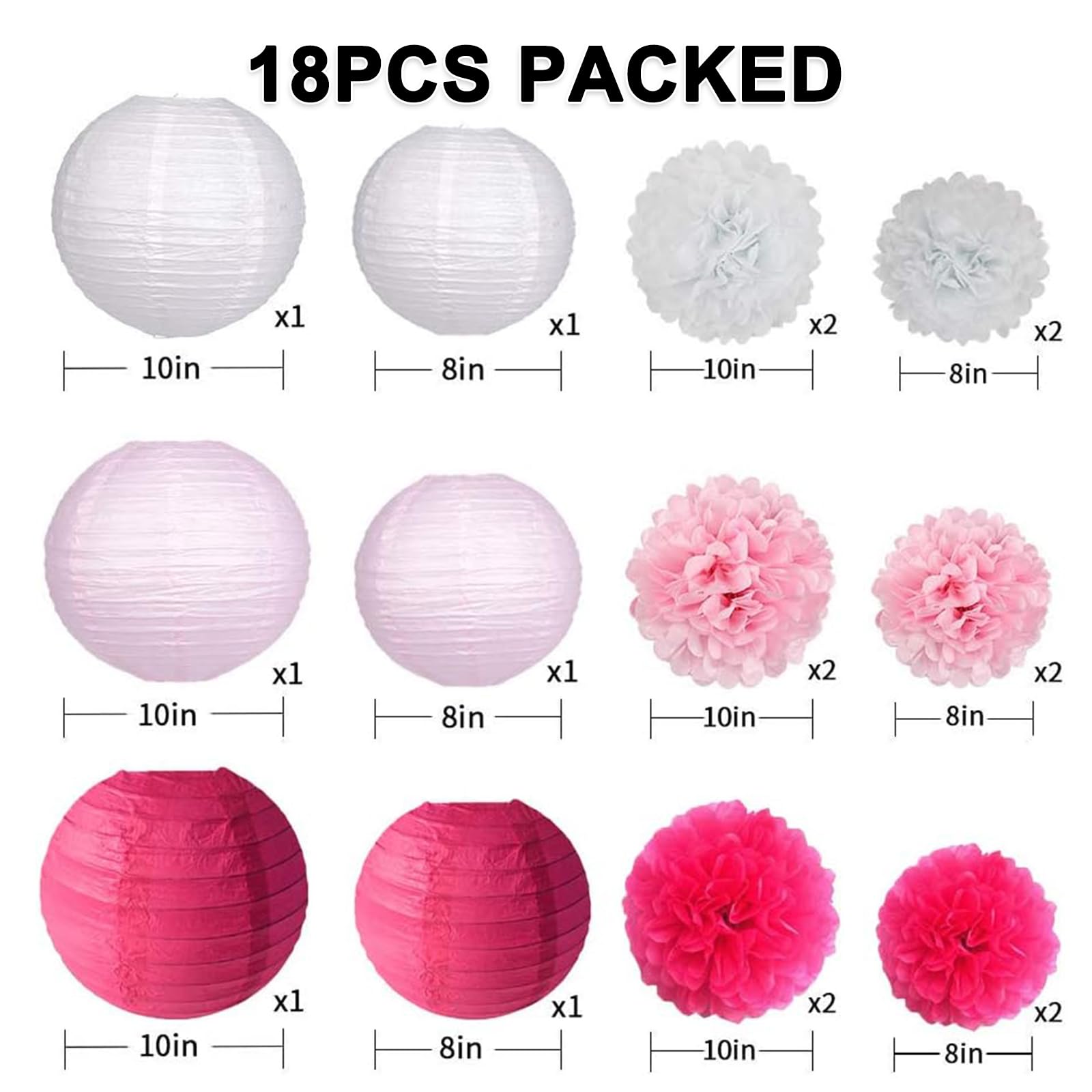 Pink Paper Lanterns & Tissue Pom Poms - 18pcs Wedding Birthday Party Decorations Hanging Lanterns Flowers (Pink/White/Rose) - Perfect for Baby Showers, Bridal Showers, Garden Parties & Home Decor
