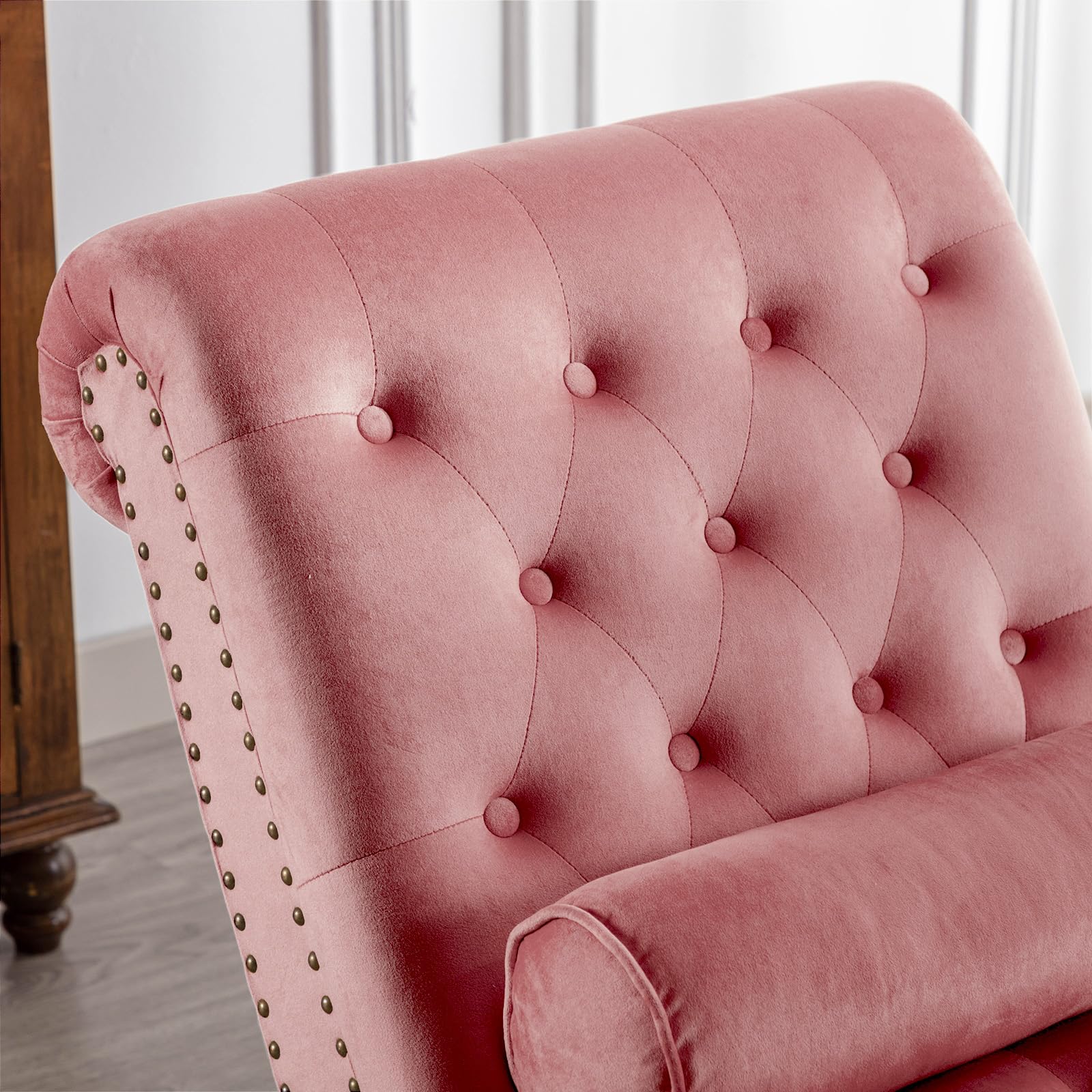 Luxury Velvet Button-Tufted Chaise Lounge Chair with Bolster Pillow - Elegant Nailhead Trim & Turned Legs for Living Room, Bedroom or Office - Comfortable Leisure Sofa Couch in Soft Pink - Perfect for Relaxing, Reading or Napping