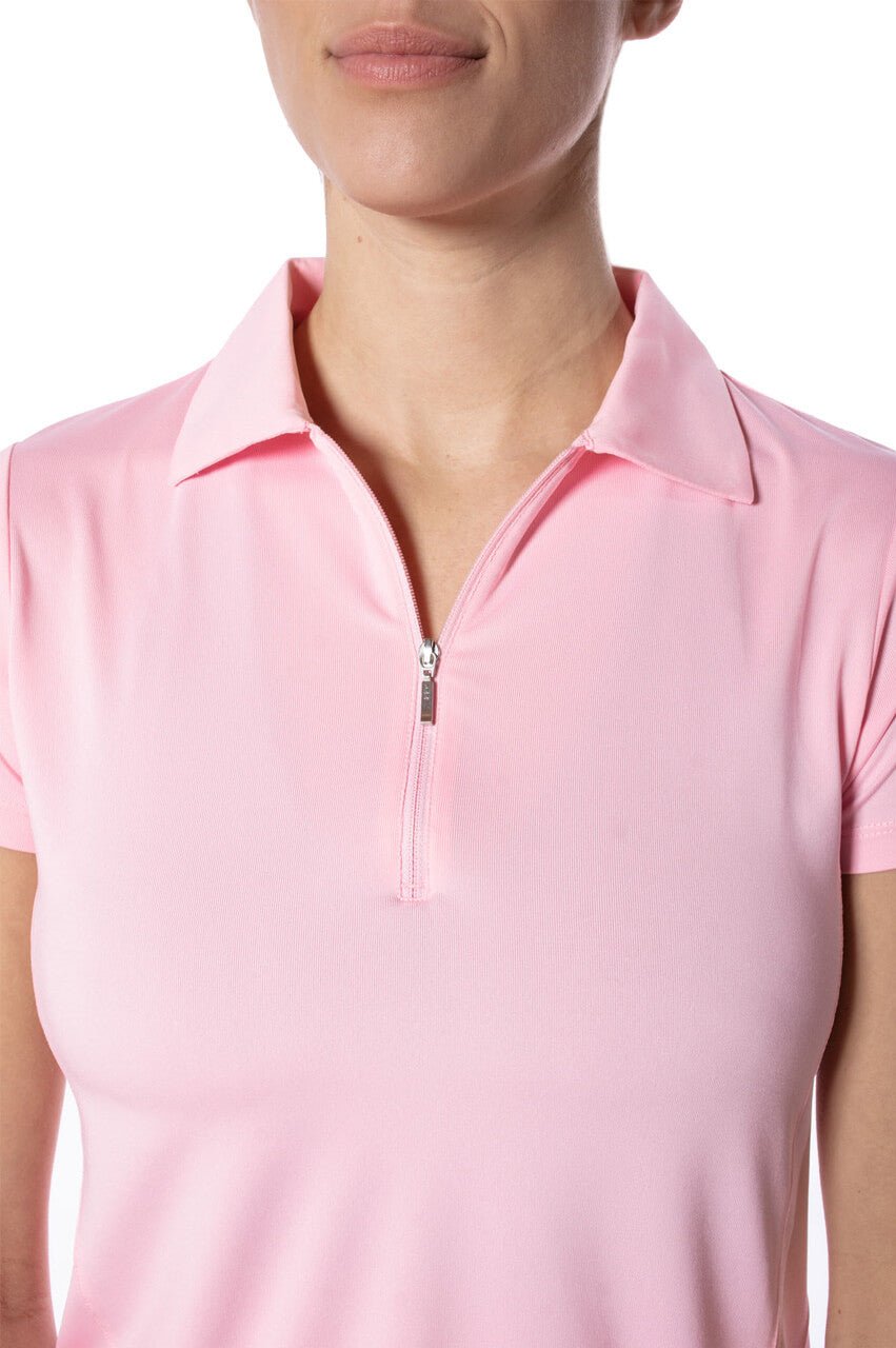 Light Pink Short Sleeve Zip Polo Shirt for Women - Breathable Cotton Casual Top with Front Zipper - Perfect for Golf, Tennis & Summer Outfits
