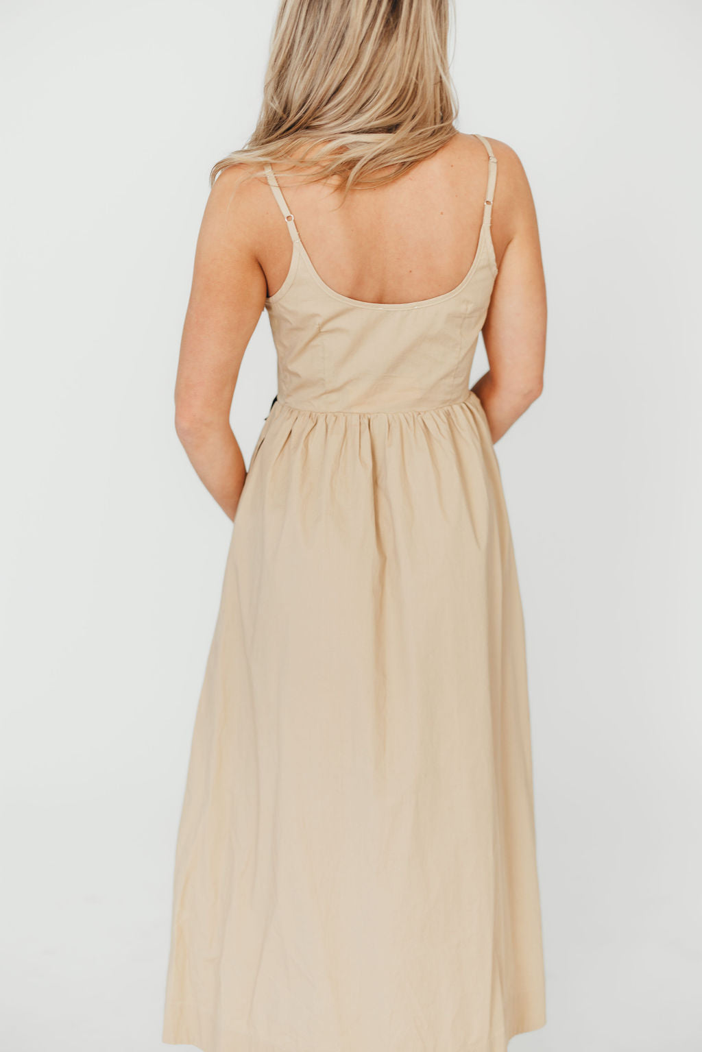 Celeste Square Neck Midi Dress with Bow Detail in Khaki - Elegant Women's Summer Dress for Weddings, Parties & Date Nights